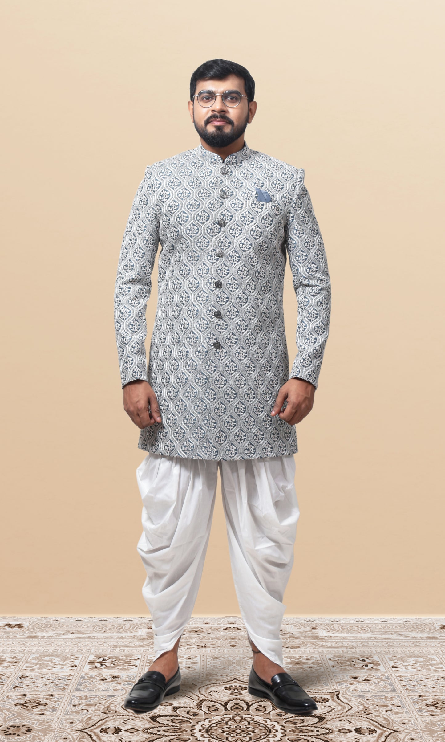 Silver Mirage Indo-Western with Ornate Lattice Embroidery