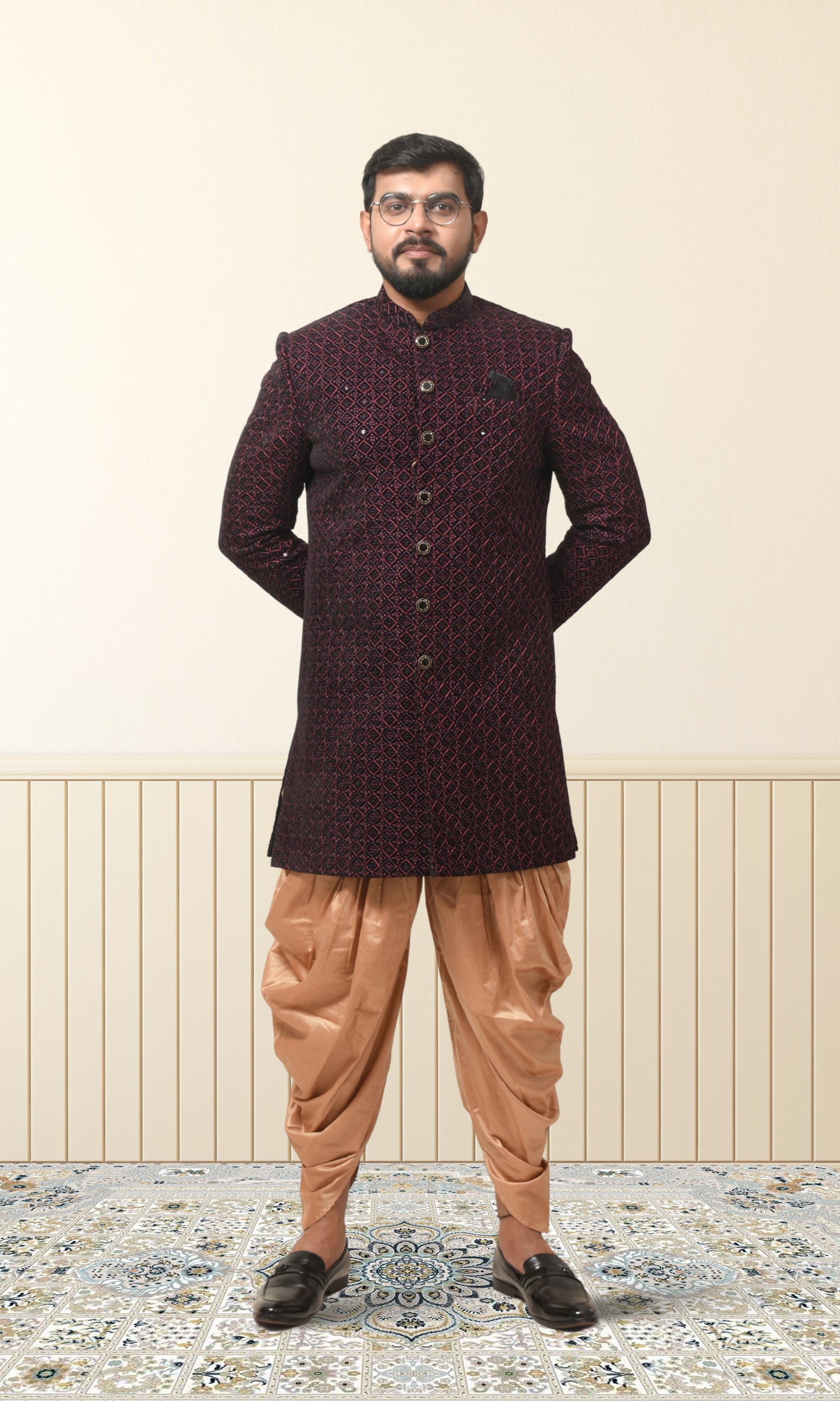 Midnight Ruby Indo-Western with Ornate Lattice Embroidery