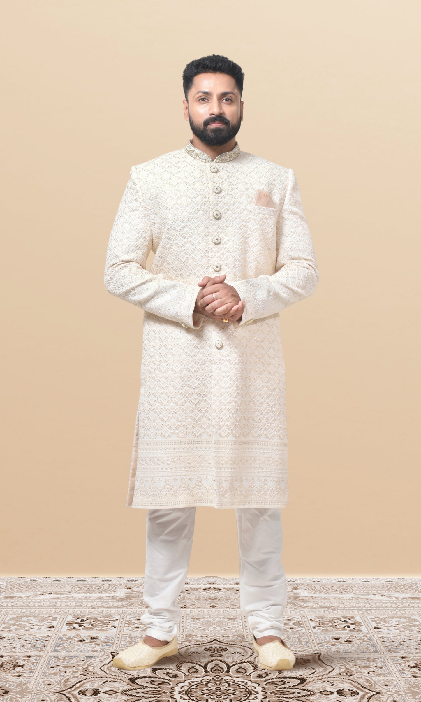 Regal Ivory Georgette Brocade Sherwani with Ornate Zari Weaving & Handcrafted Buttons
