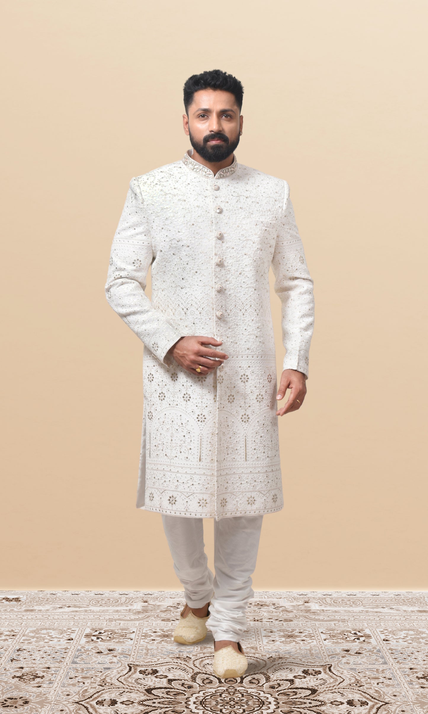 Ivory Gold Royal Embroidered Sherwani with Regal Detailing