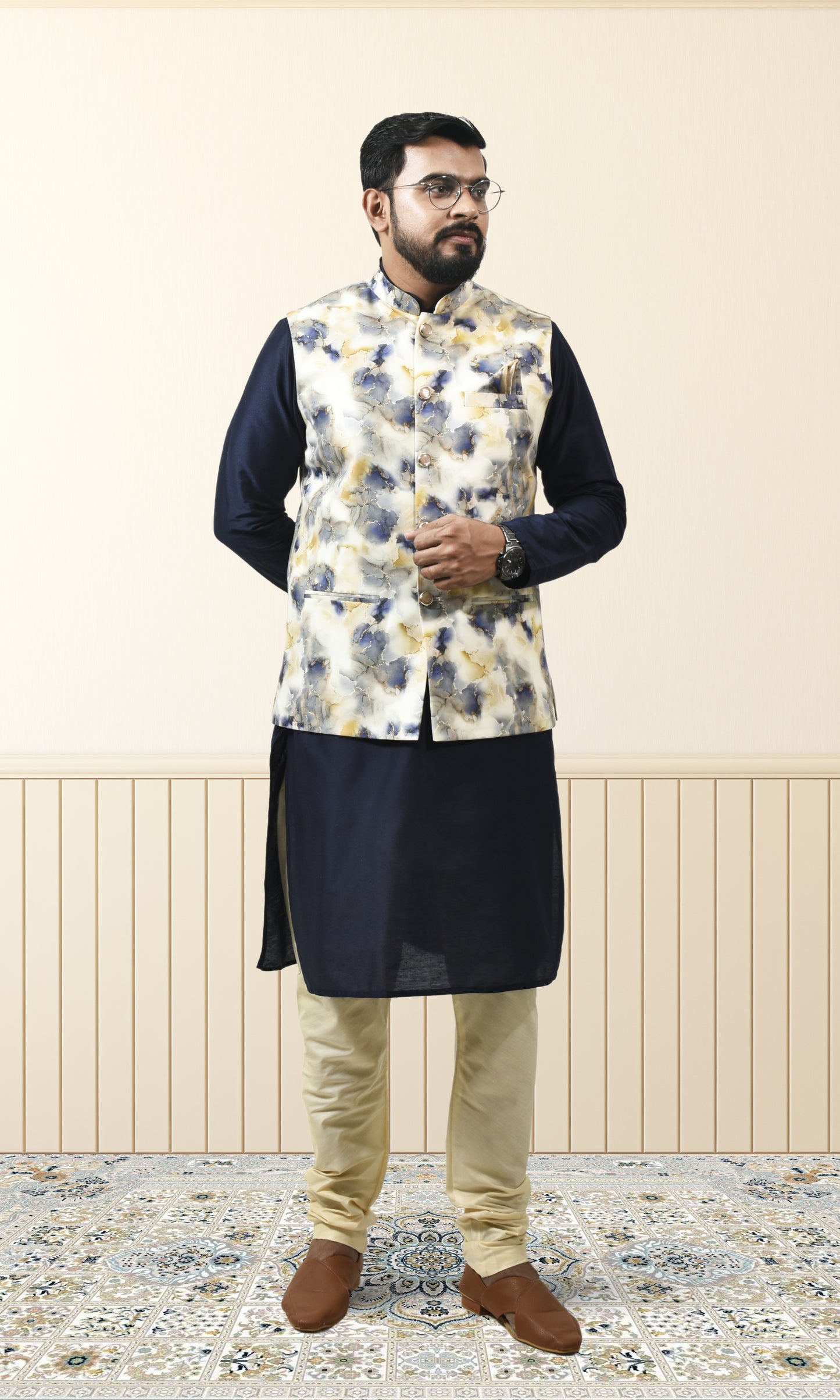 Celestial Ivory & Blue Marbled Jacket with Royal Gold Veins