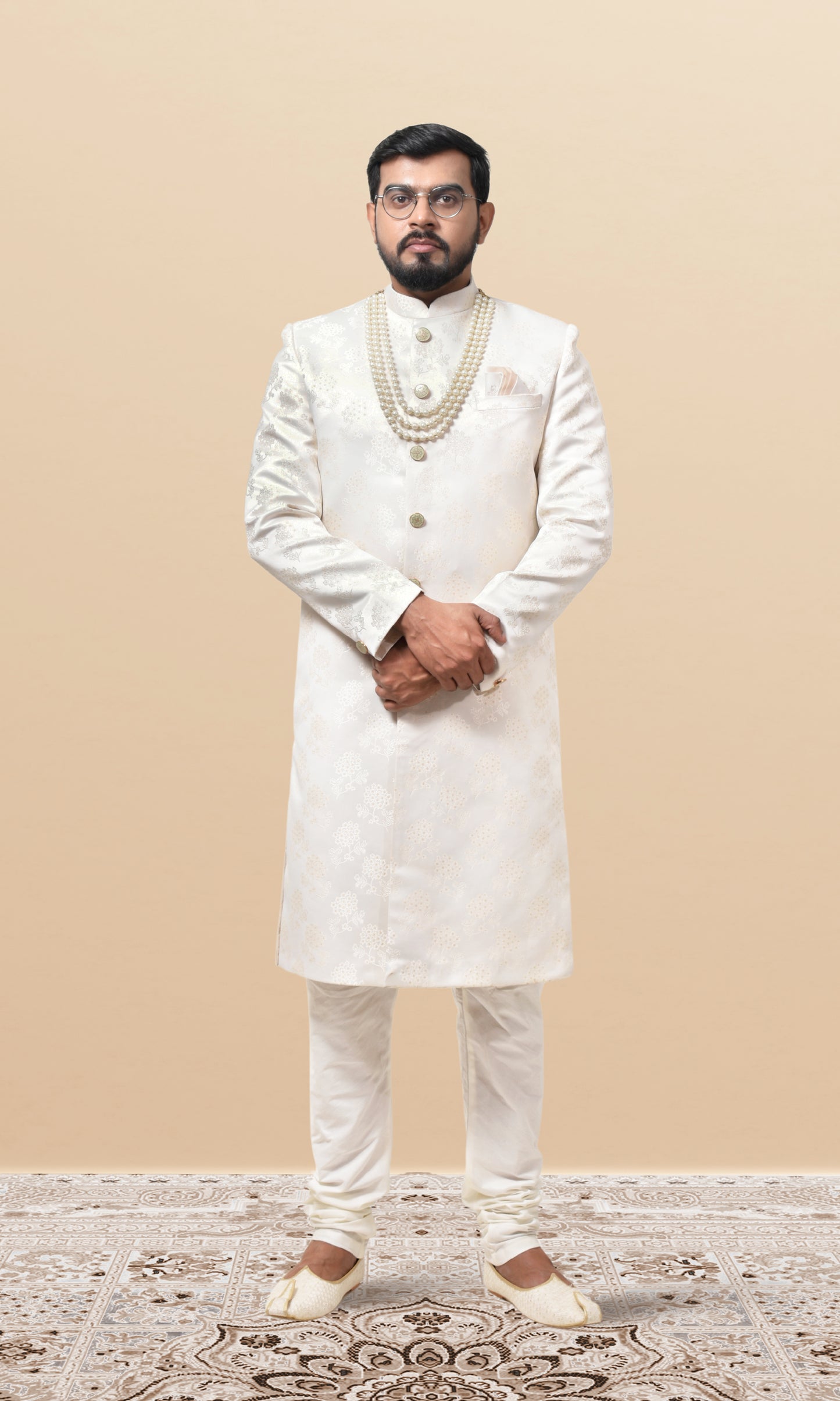 Royal Off-White Jacquard Sherwani with Delicate Floral Motifs