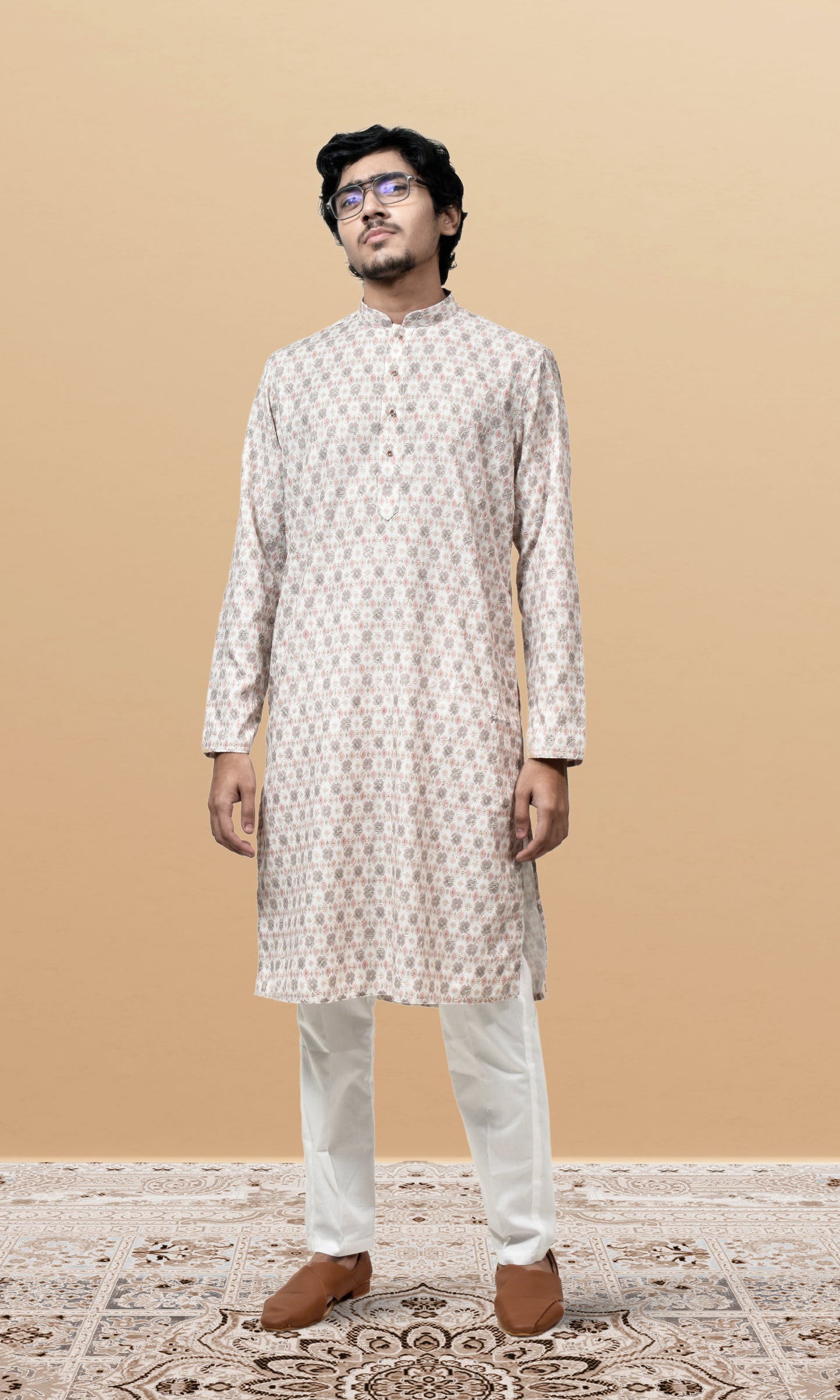 Pastel Pearl Dream Kurta with Vintage Rose Motifs