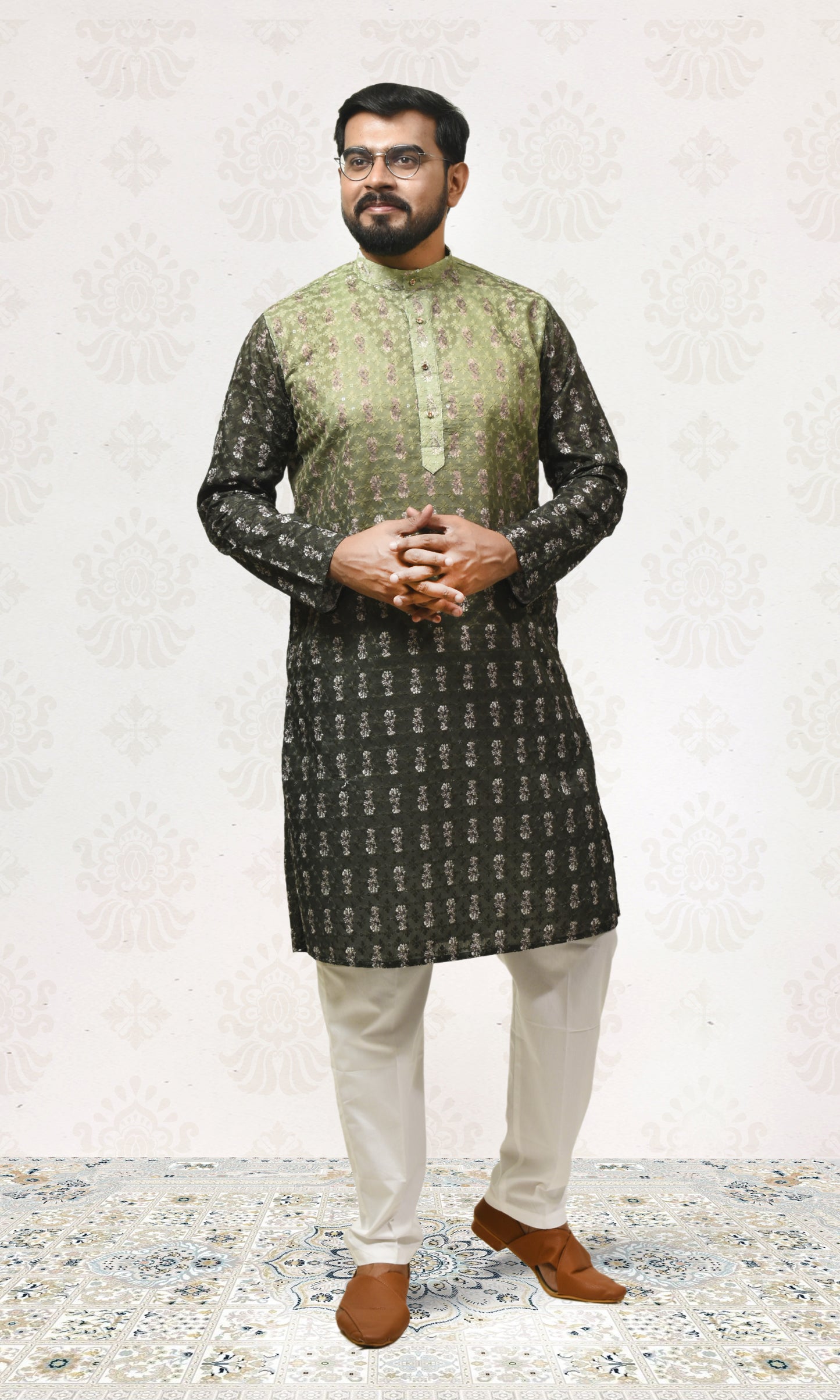 Obsidian-to-Olive Shadowleaf Ombre Kurta with Regal Threadwork And Butta Embellishments