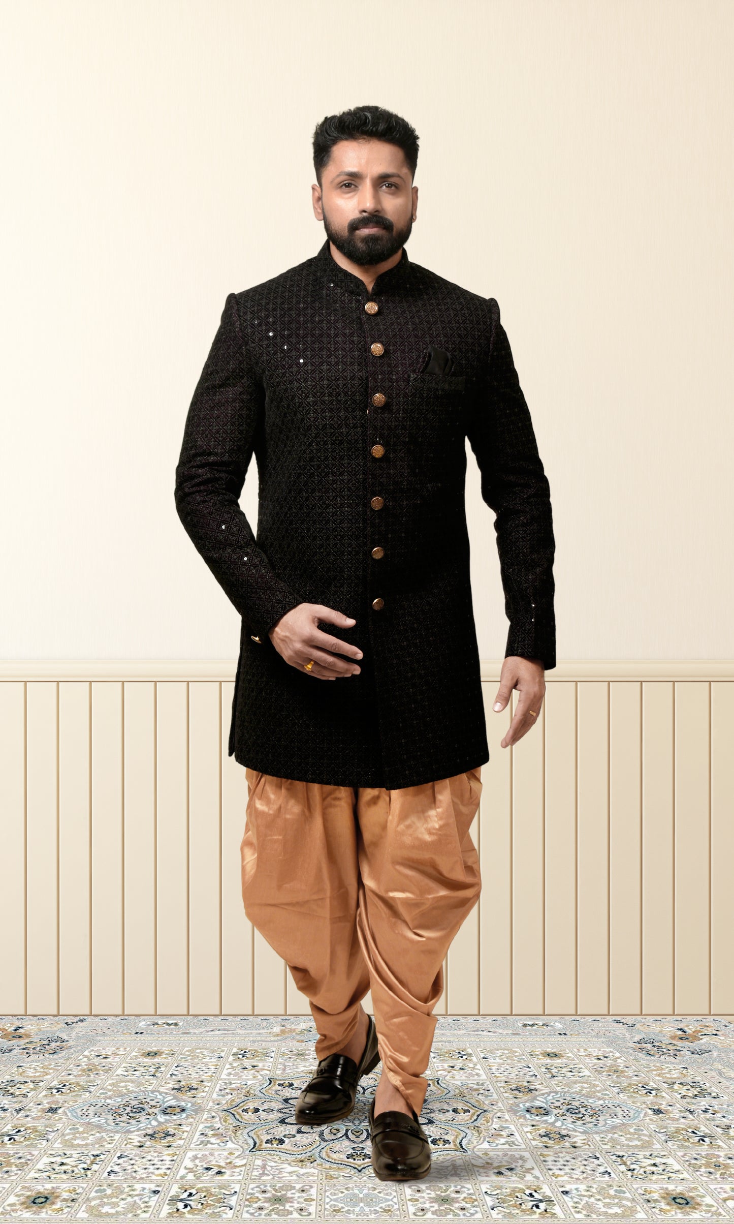 Shahi Mehfil Wine Indo-Western with Quilted Sequin Weave
