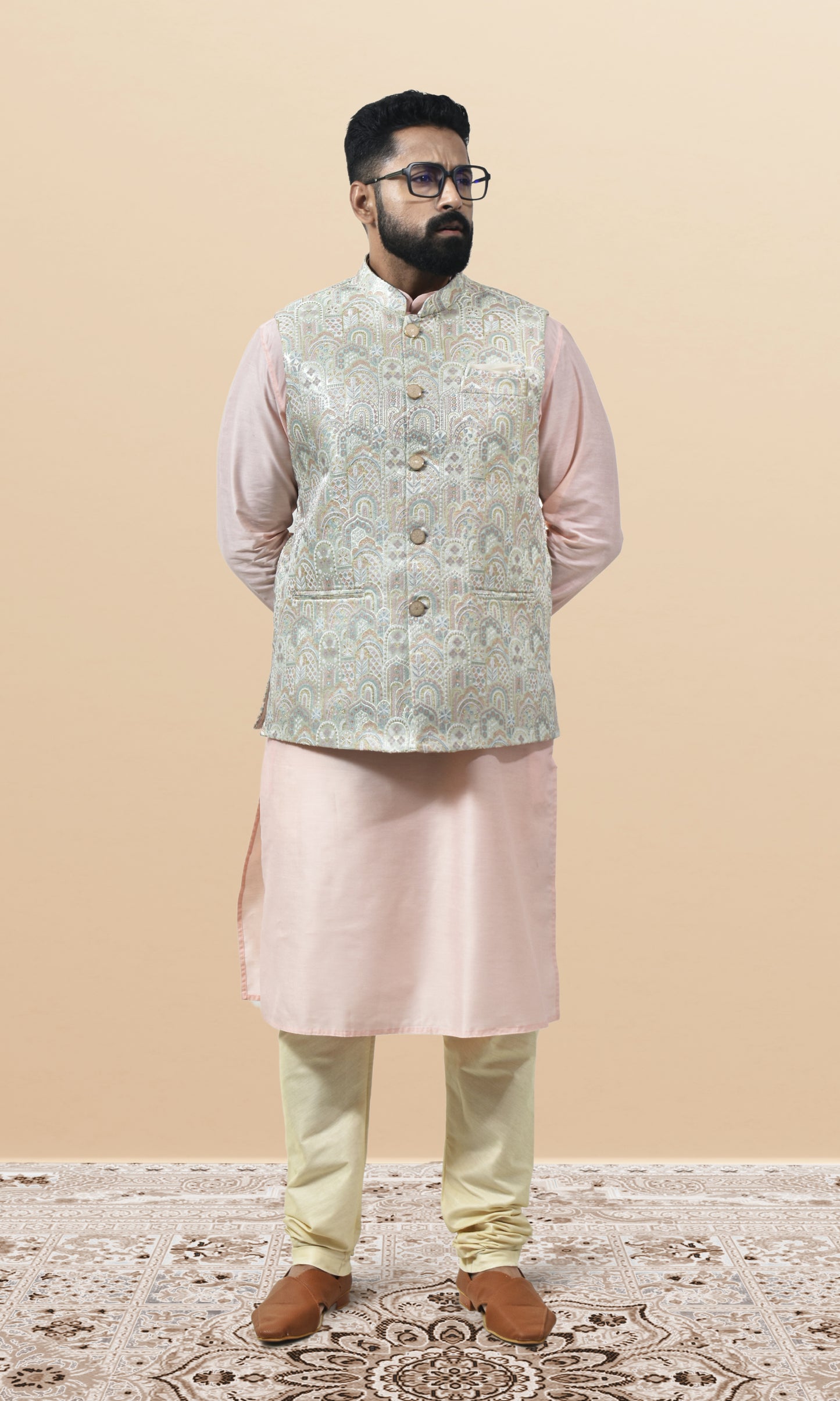 Blush-Tinted Ivory Jacket with Paisley Sequin Embroidery and Delicate Pastel Accents