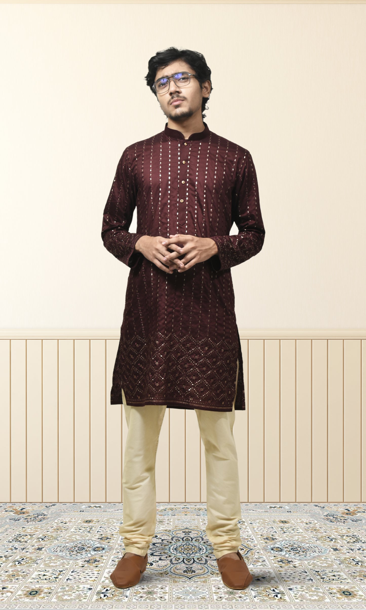 Mulberry Wine Kurta with Luminous Gold Embroidery