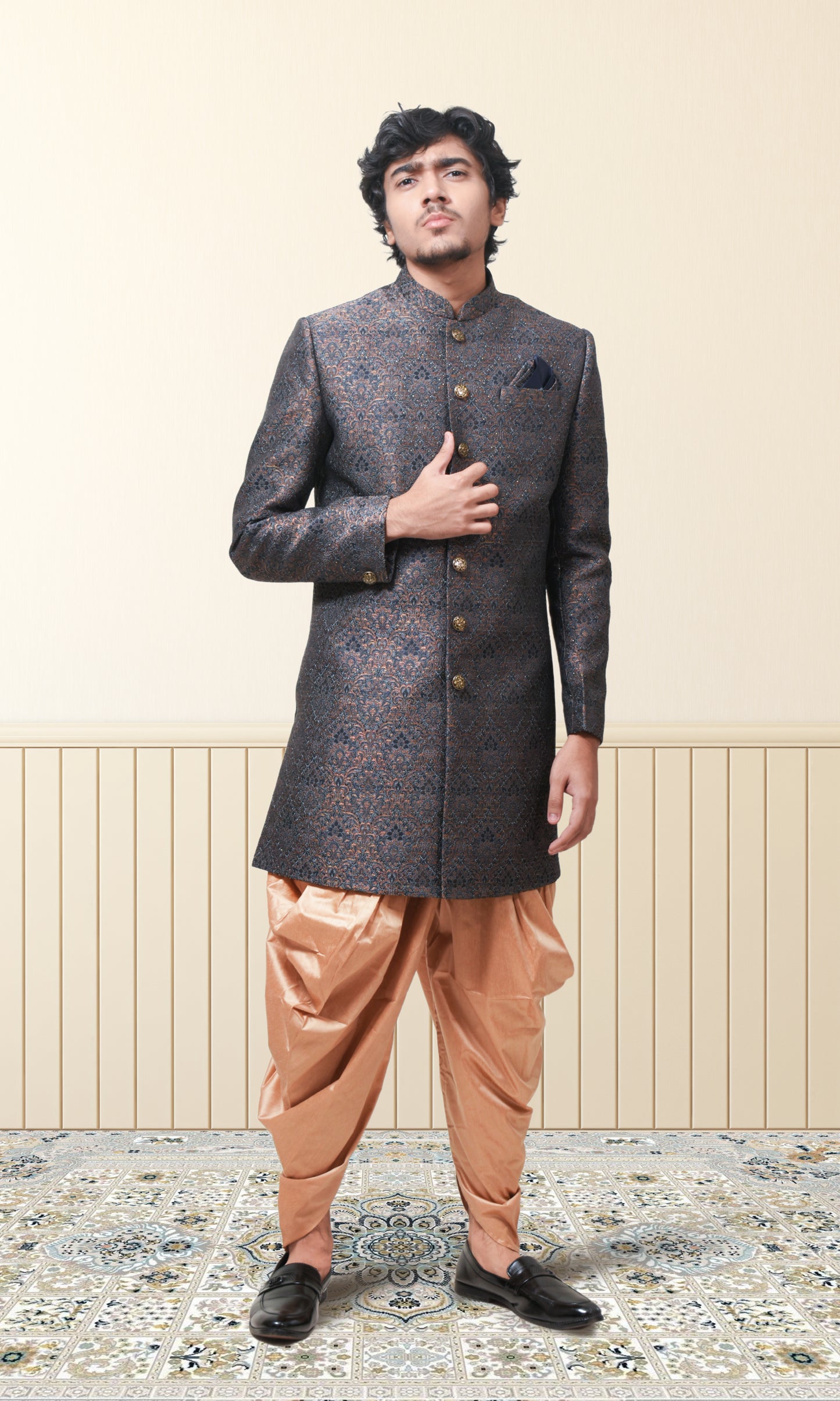 Dusky Sapphire & Charcoal Eclipse Majesty Indo-Western with Burnished Brocade Elegance
