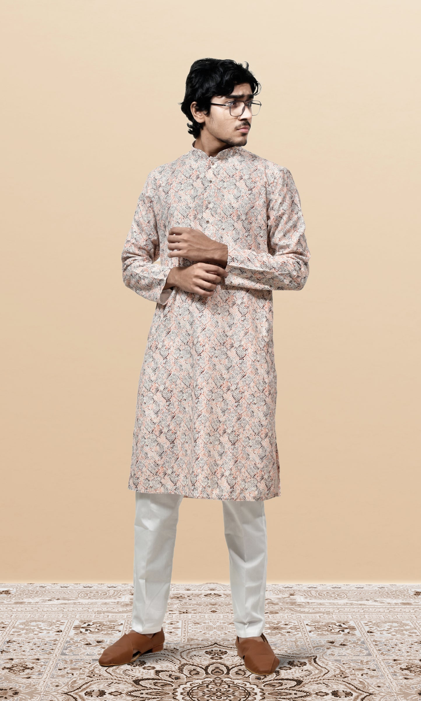 Soft Peach & Grey Pixel Patterned Kurta with Subtle Shimmer