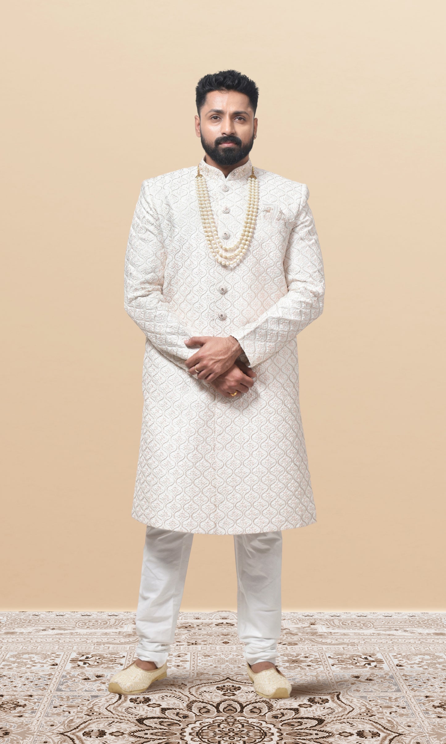 Ivory Cascade Sherwani with Ornate Wave Embroidery & Pearl Majesty