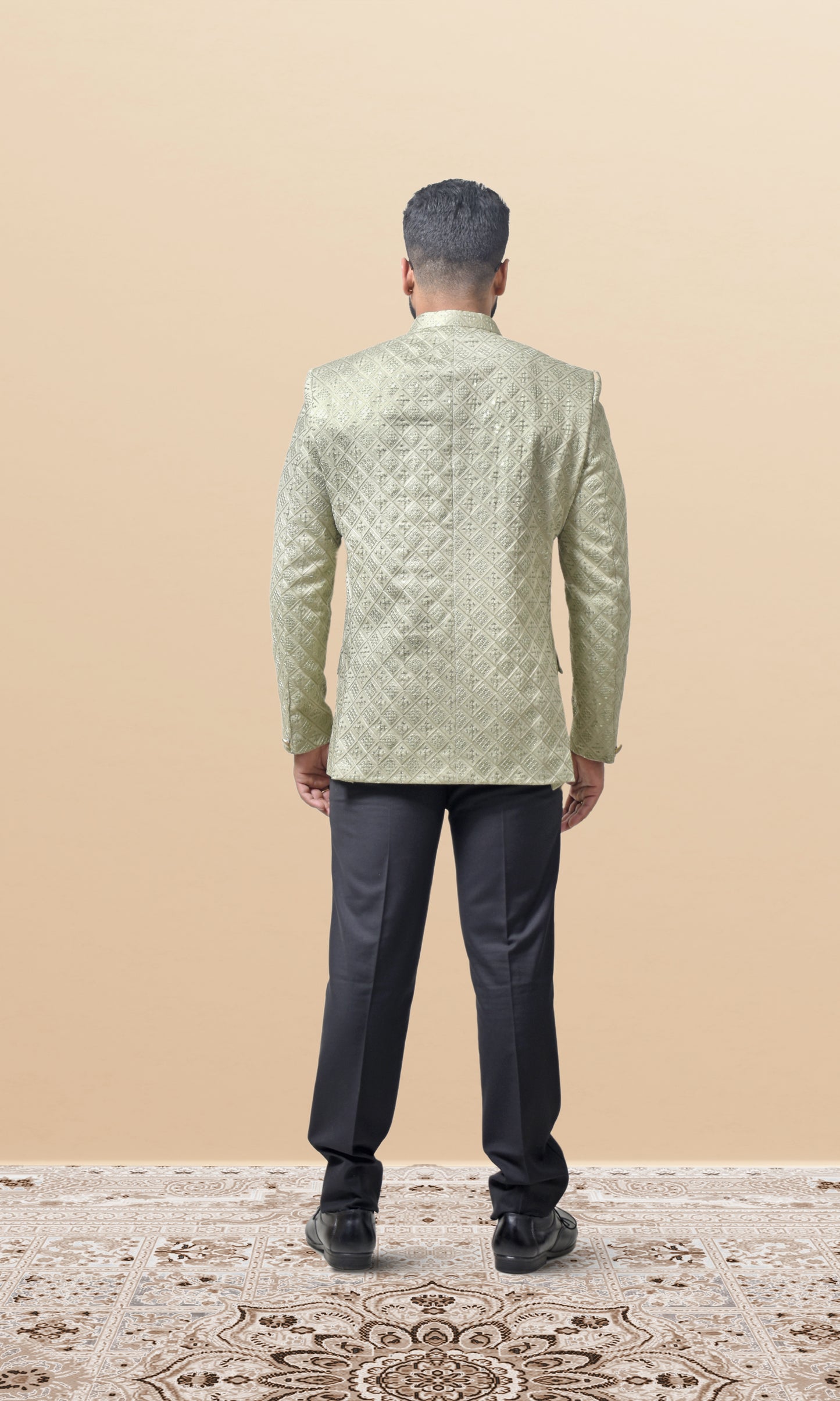 Sage Green Geometric Bandhgala with Sparkling Embellishments