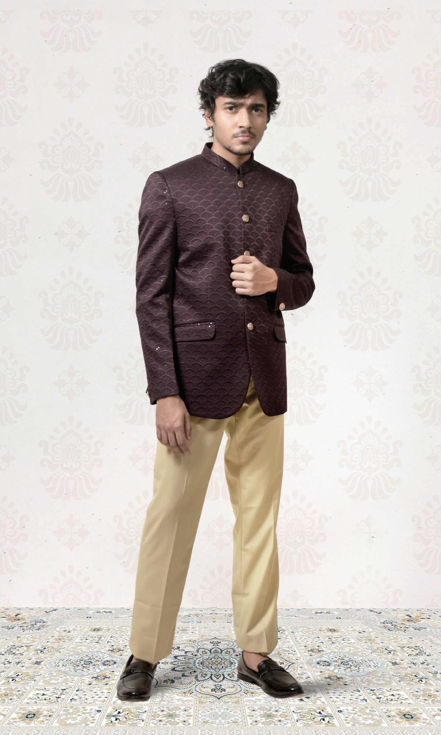 Velvet Grape Mulberry Geometric Bandhgala with a Touch of Sparkle
