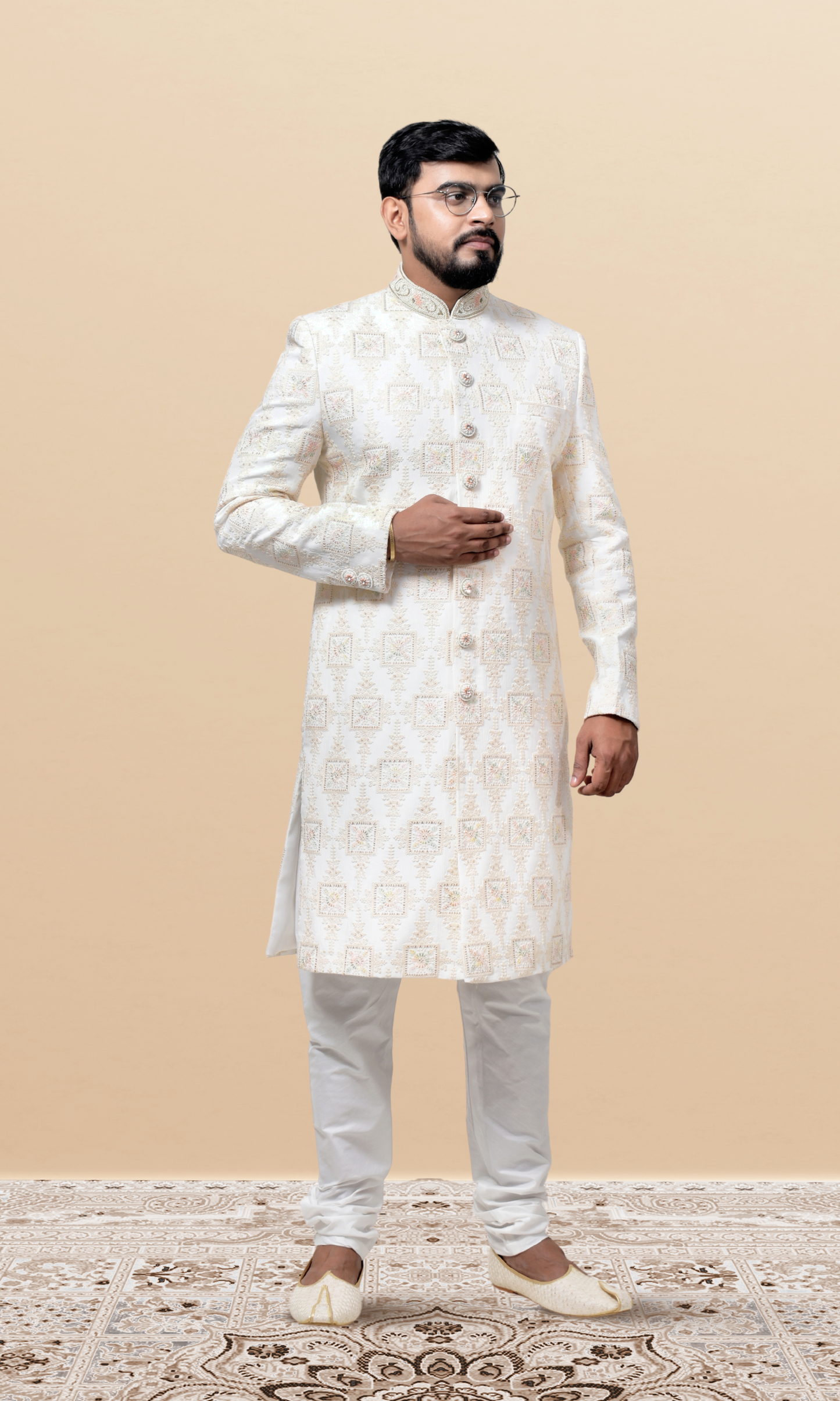 Ivory Sherwani with Multicolored Resham Butta Embroidery & Handcrafted Jewel Buttons