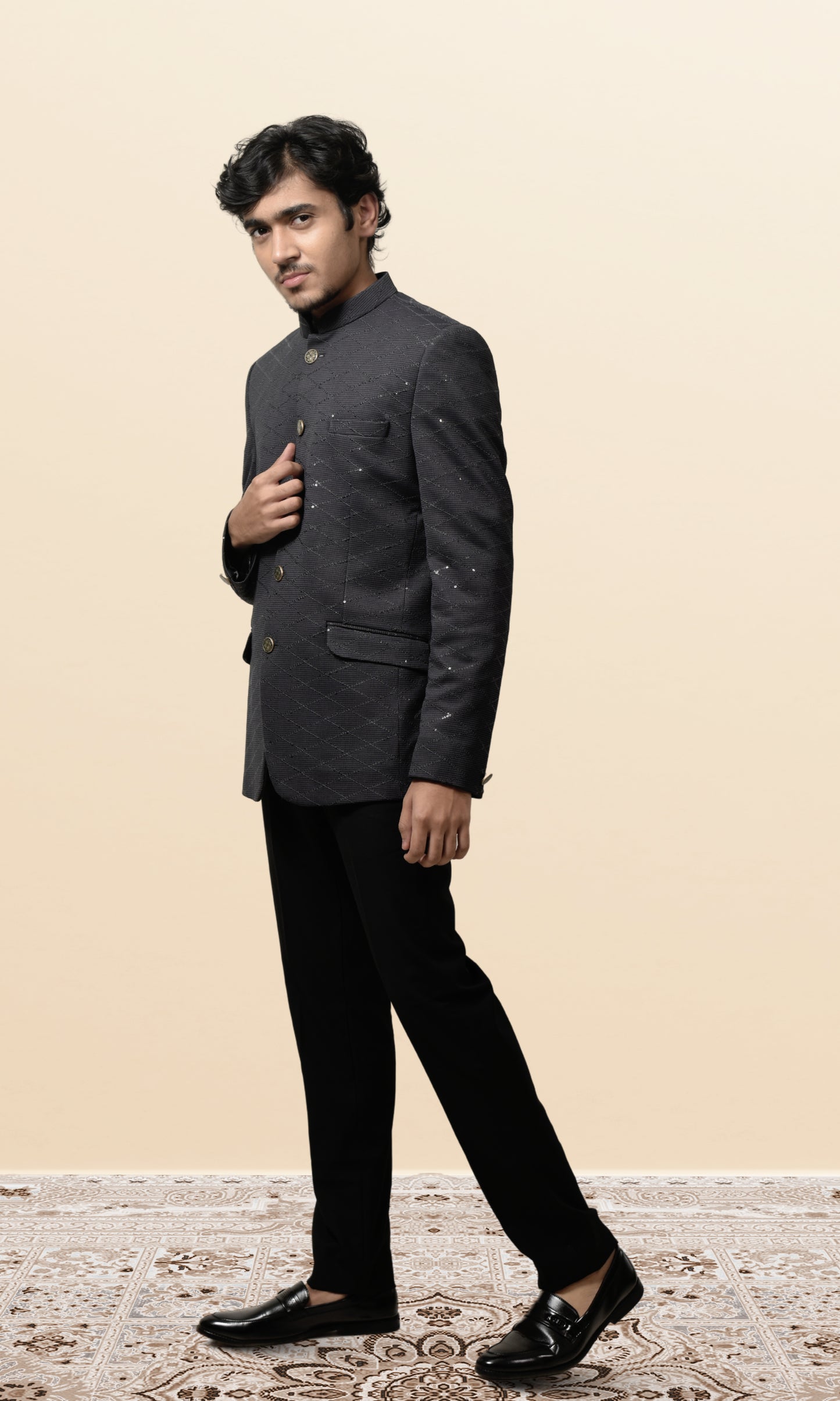 Charcoal Grey Diamond-Quilted Bandhgala with Subtle Sequin Highlights