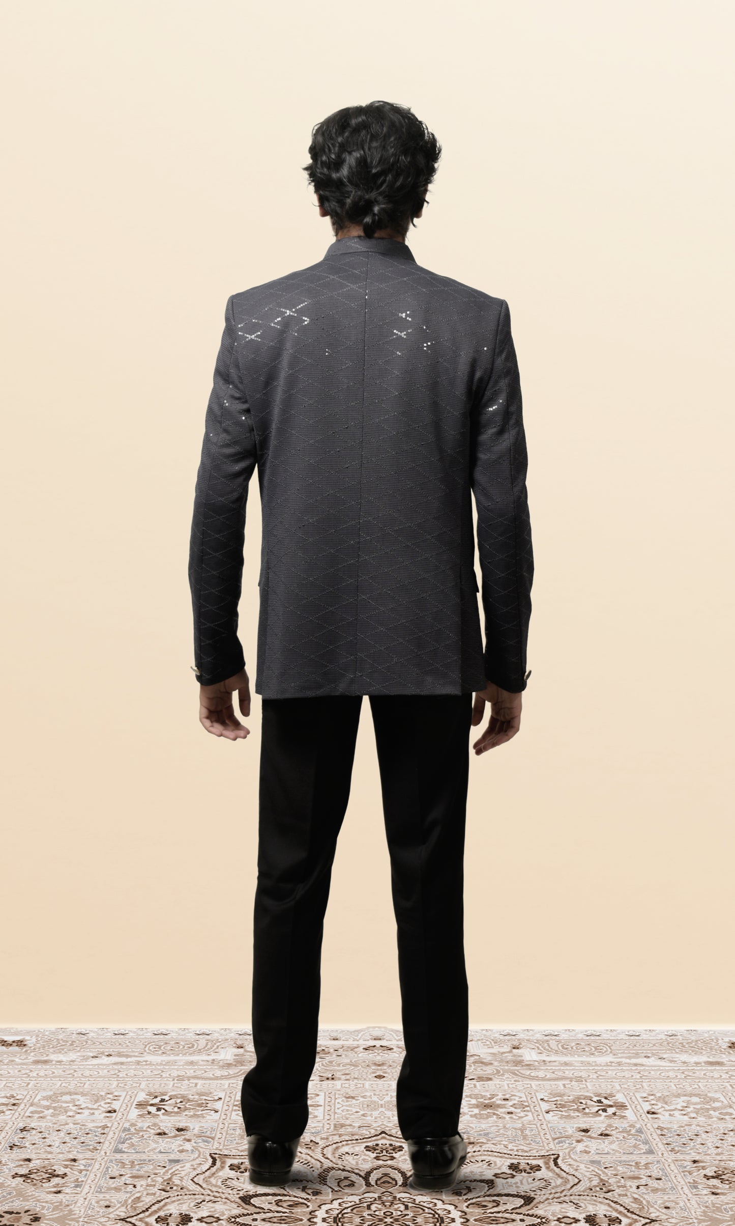 Charcoal Grey Diamond-Quilted Bandhgala with Subtle Sequin Highlights