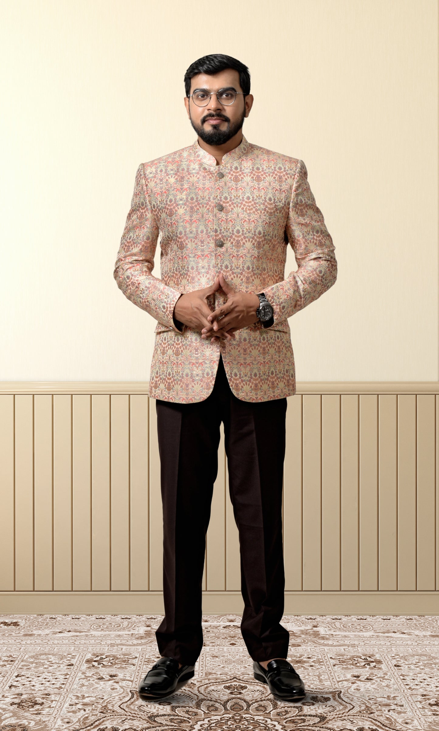 Luxurious cream bandhgala adorned with vintage-inspired floral patterns