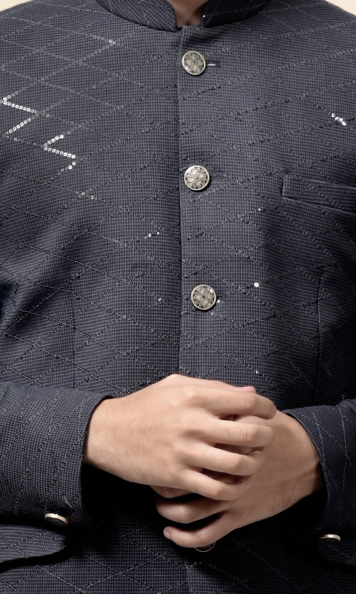 Charcoal Grey Diamond-Quilted Bandhgala with Subtle Sequin Highlights