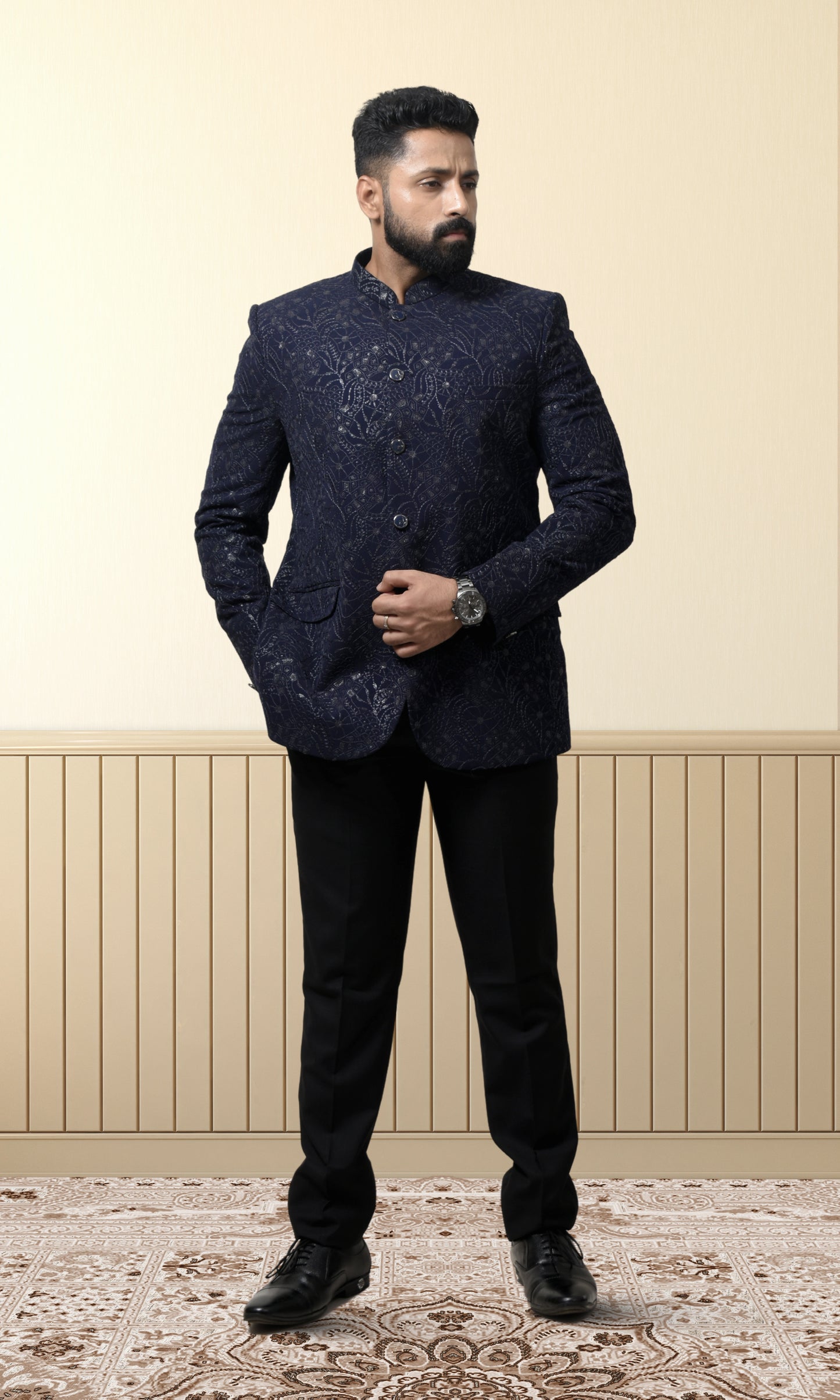 Navy Blue Luxe Floral Bandhgala with Shimmering Sequin Accents