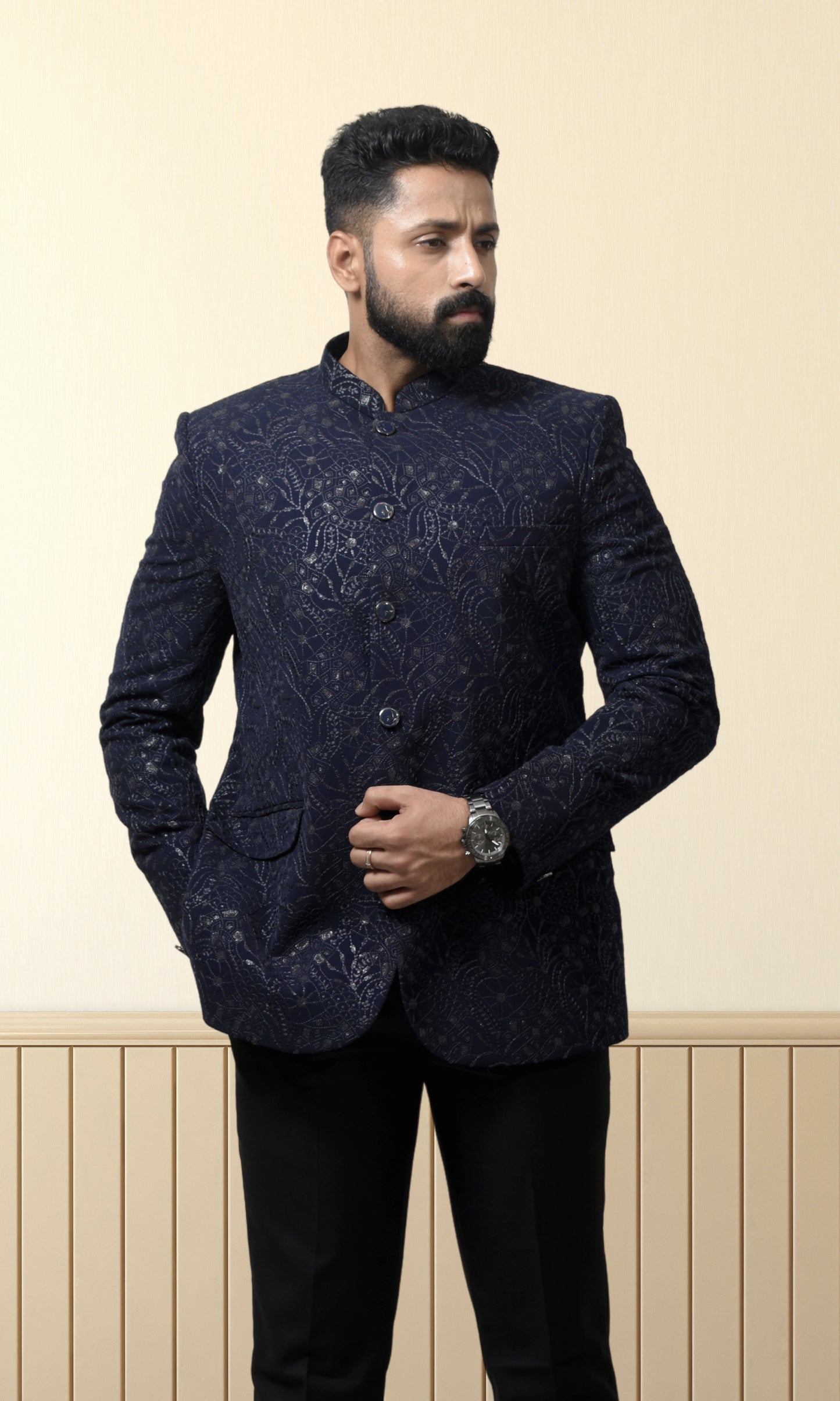 Navy Blue Luxe Floral Bandhgala with Shimmering Sequin Accents