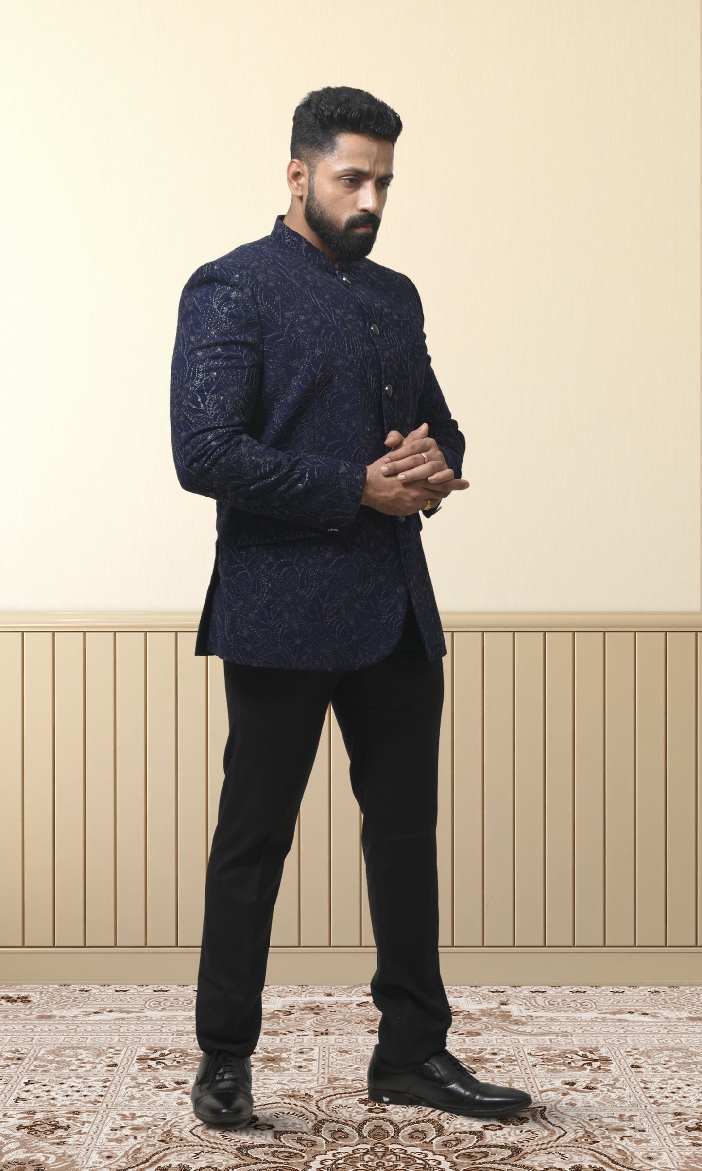 Navy Blue Luxe Floral Bandhgala with Shimmering Sequin Accents