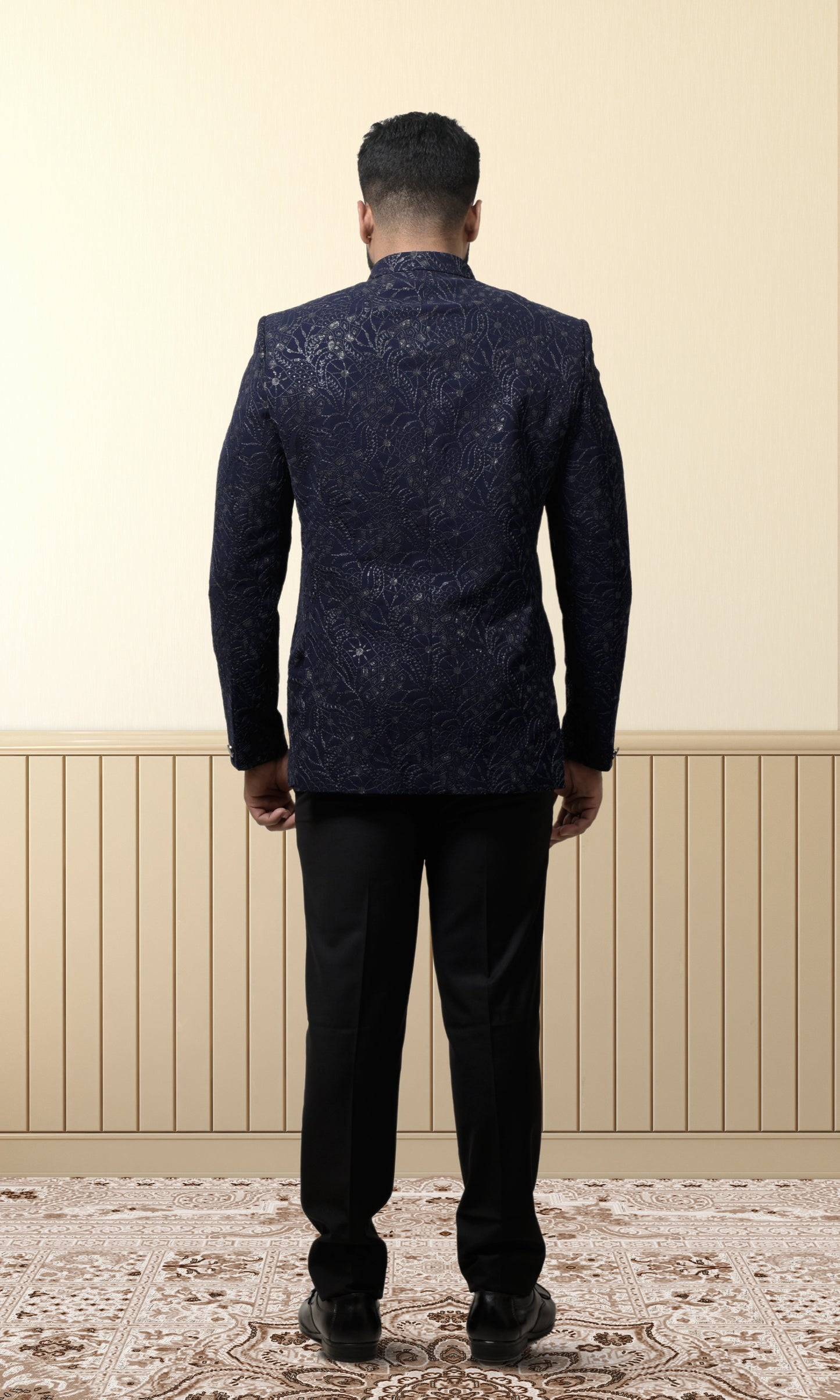 Navy Blue Luxe Floral Bandhgala with Shimmering Sequin Accents