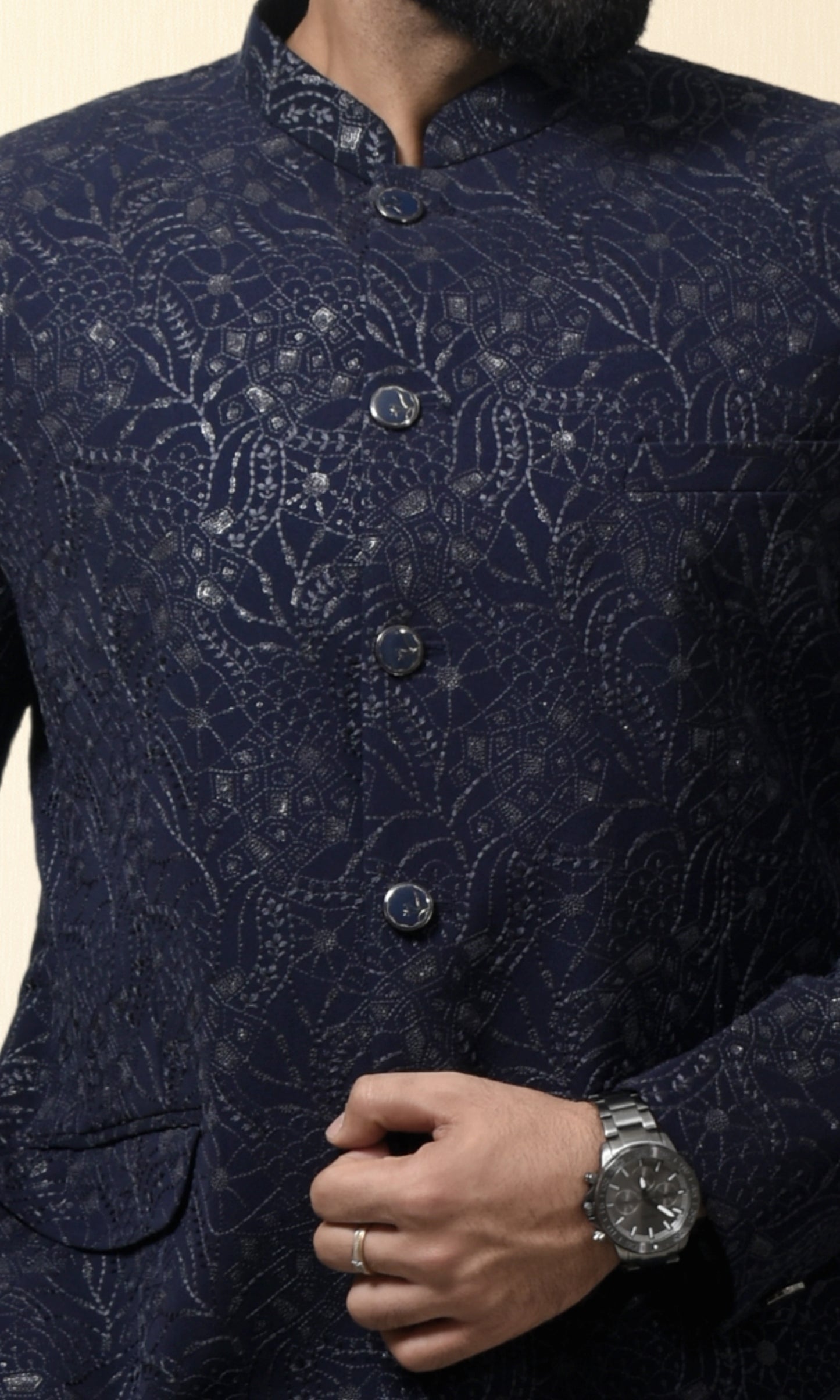 Navy Blue Luxe Floral Bandhgala with Shimmering Sequin Accents