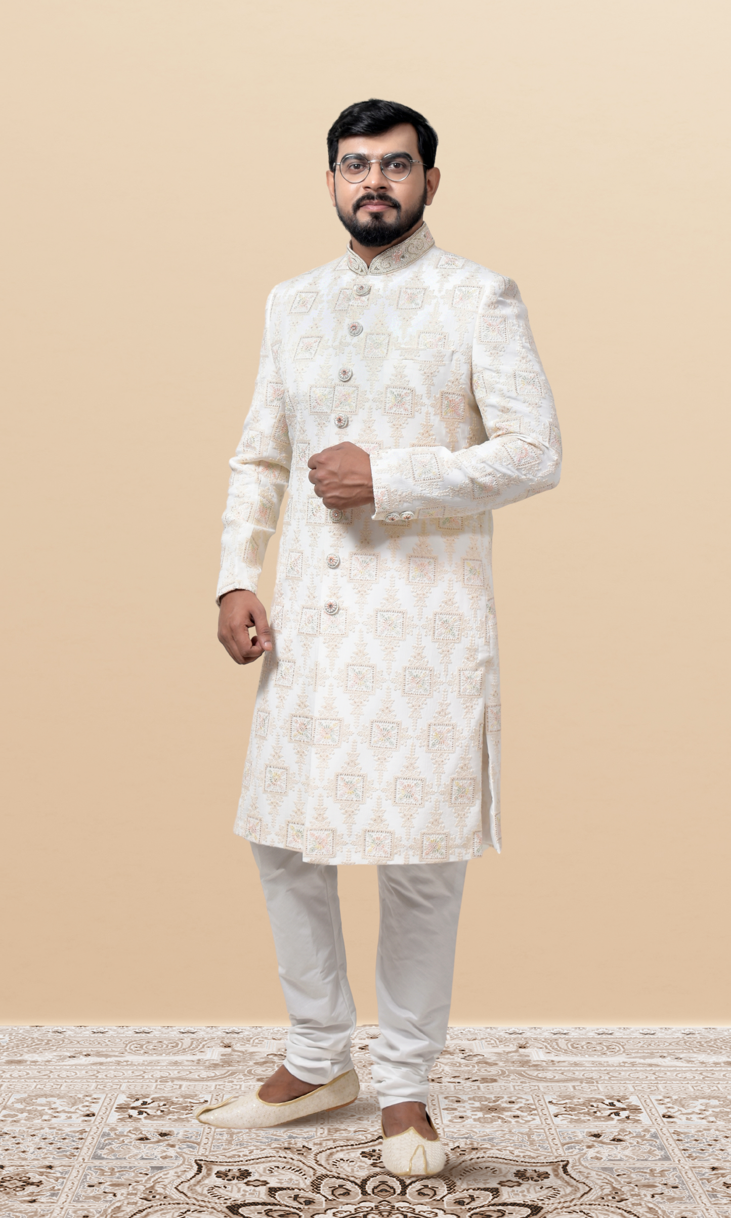 Ivory Sherwani with Multicolored Resham Butta Embroidery & Handcrafted Jewel Buttons