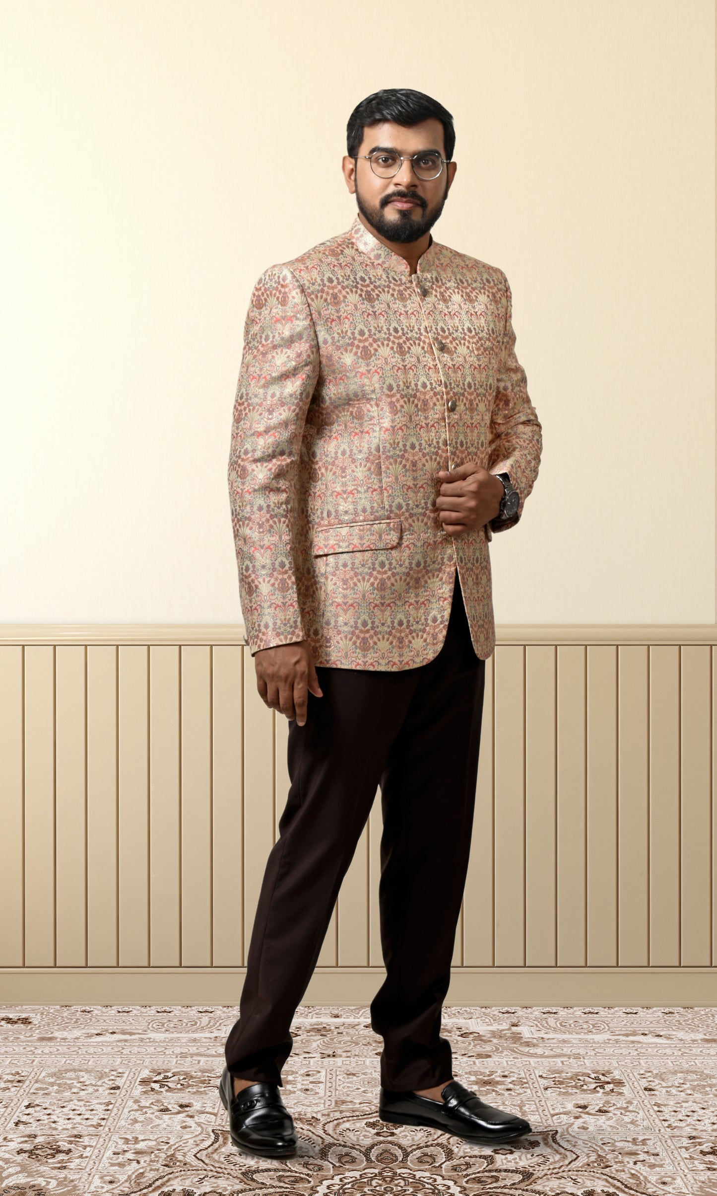 Luxurious cream bandhgala adorned with vintage-inspired floral patterns