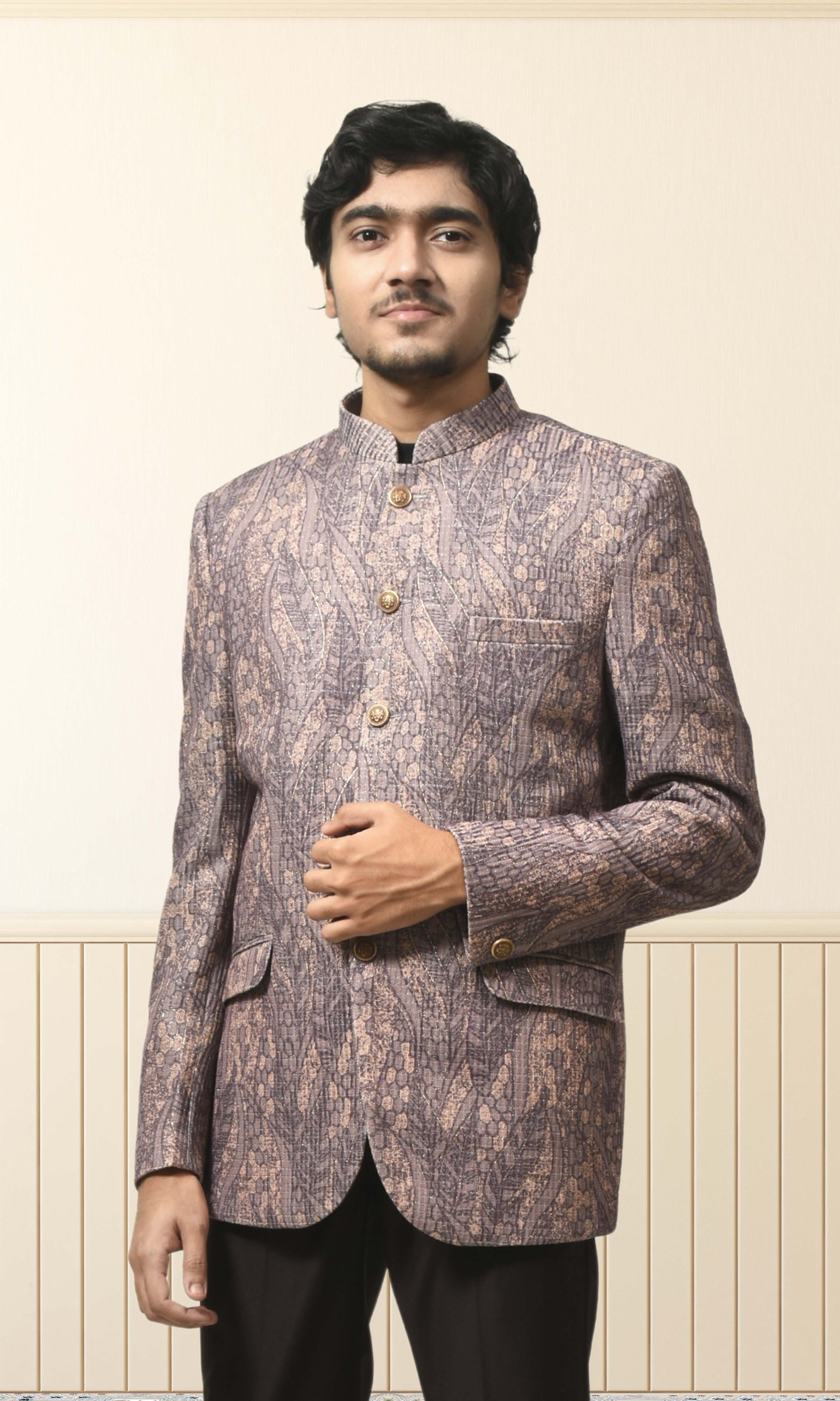 Dusky Lavender Embossed Bandhgala with Rustic Gold Accents