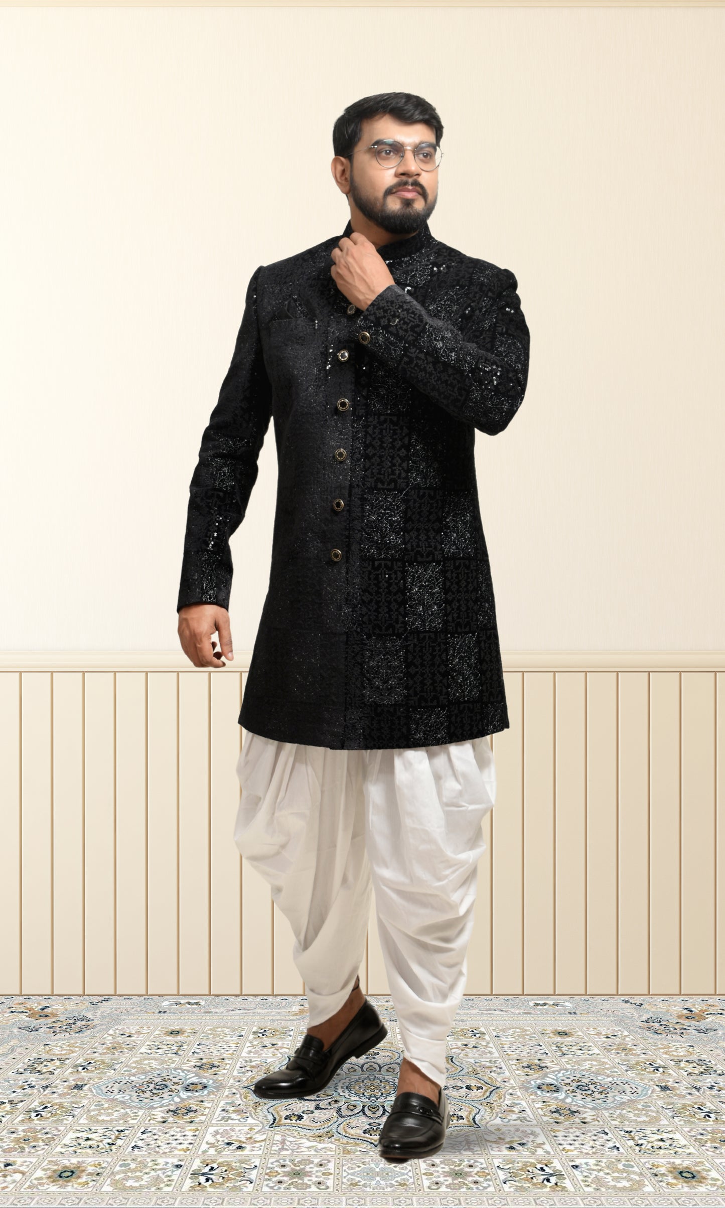 Midnight Royale Black Indo-Western with Opulent Sequins & Intricate Geometric Thread Embroidery