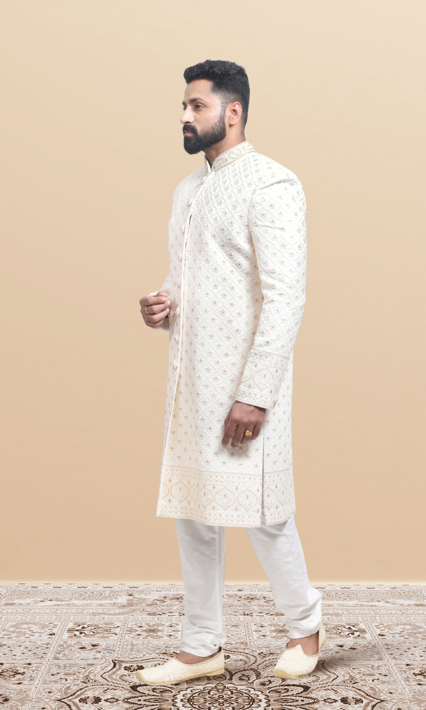 Champagne Gold Sherwani in Textured Georgette with Royal Collar Detailing