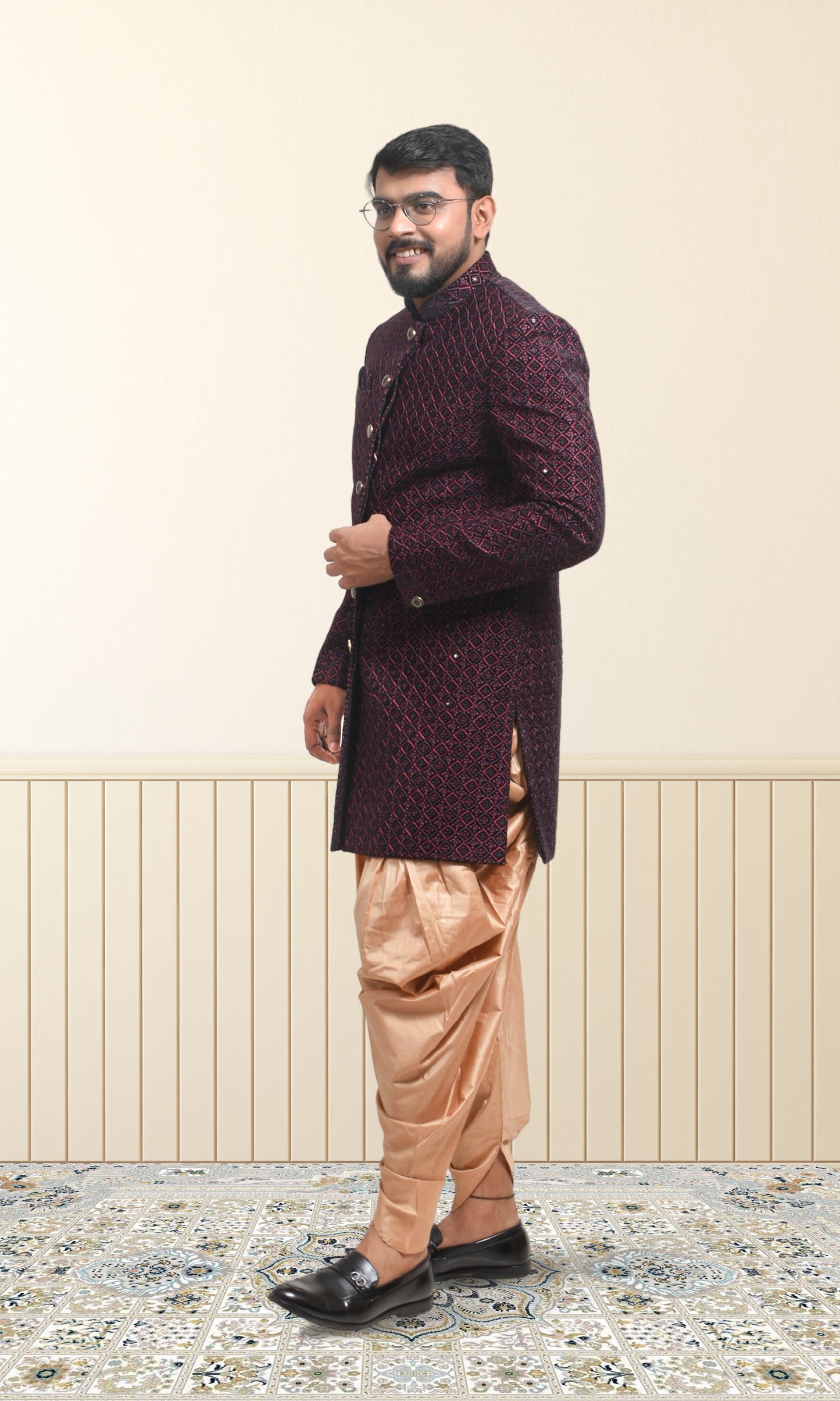 Midnight Ruby Indo-Western with Ornate Lattice Embroidery