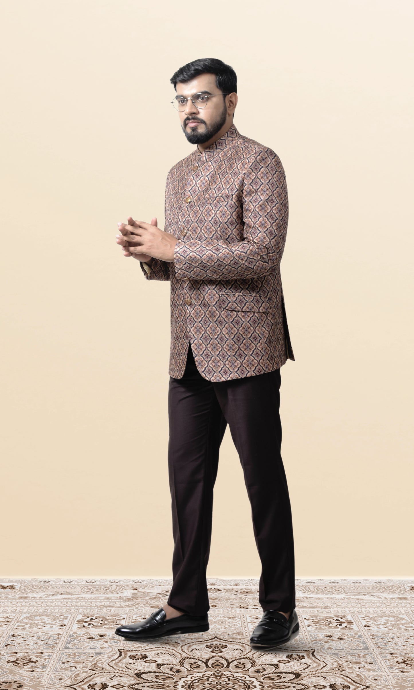 Beige & Brown Intricate Floral Lattice Bandhgala