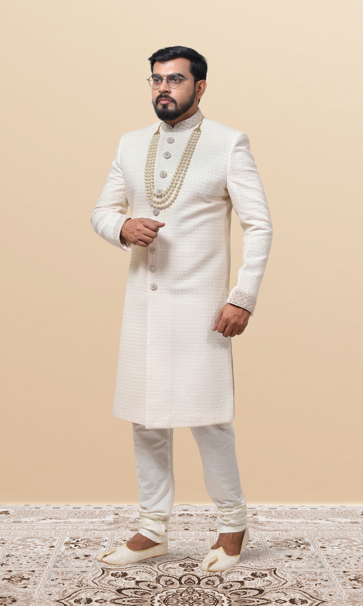 Pearl White Grid-Pattern Sherwani with Embroidered Cuffs & Jewel Buttons