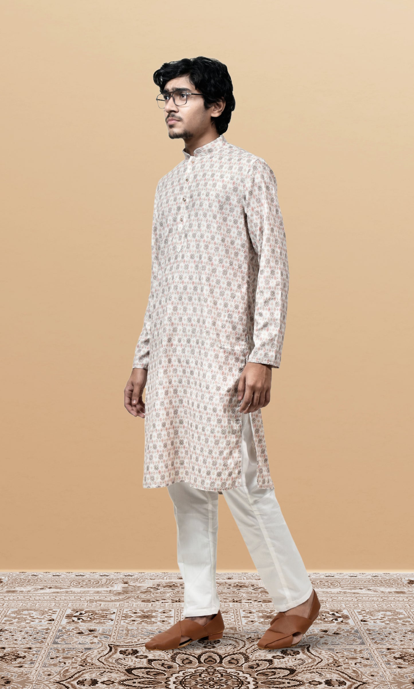 Pastel Pearl Dream Kurta with Vintage Rose Motifs