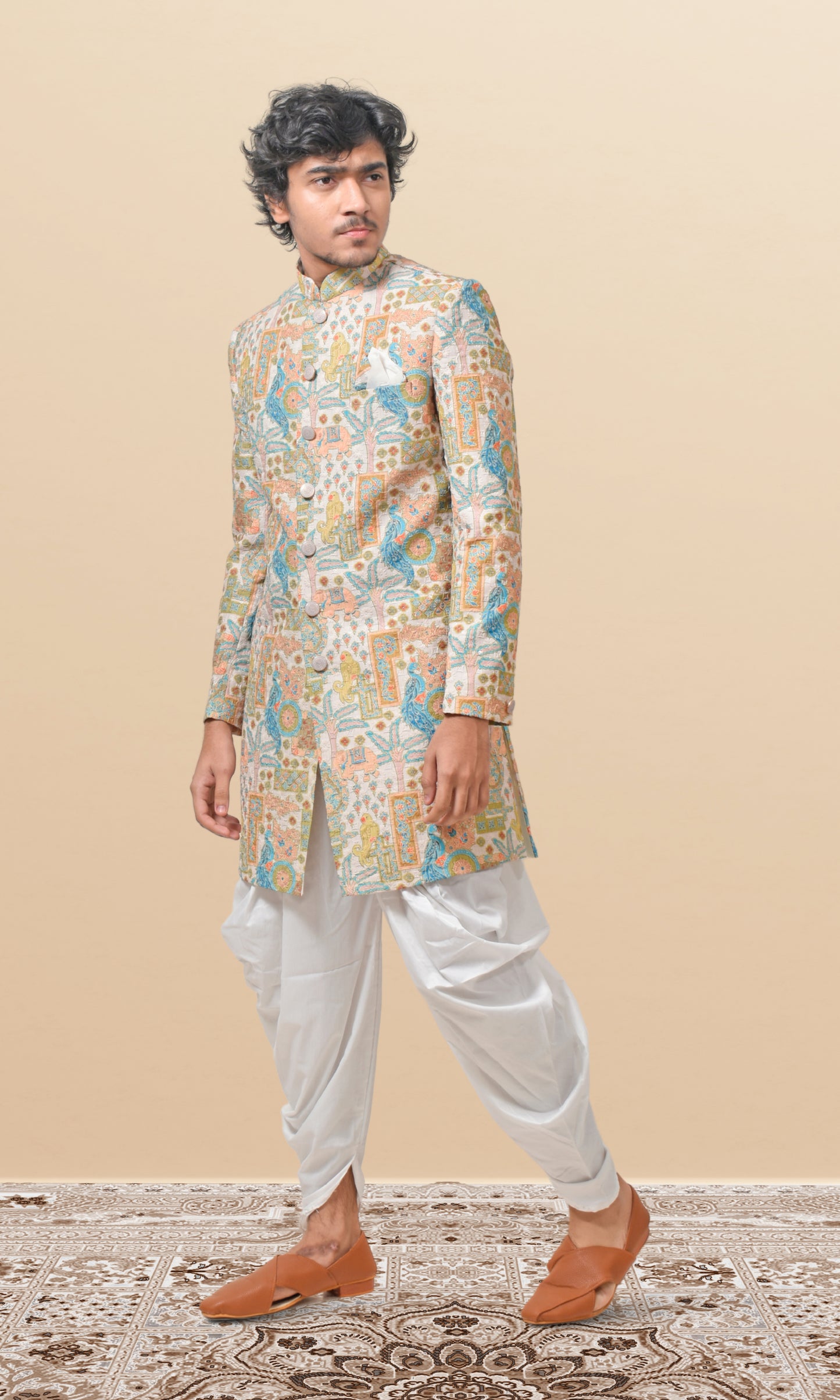 Ivory Mosaic Indo-Western with Majestic Fauna Embroidery