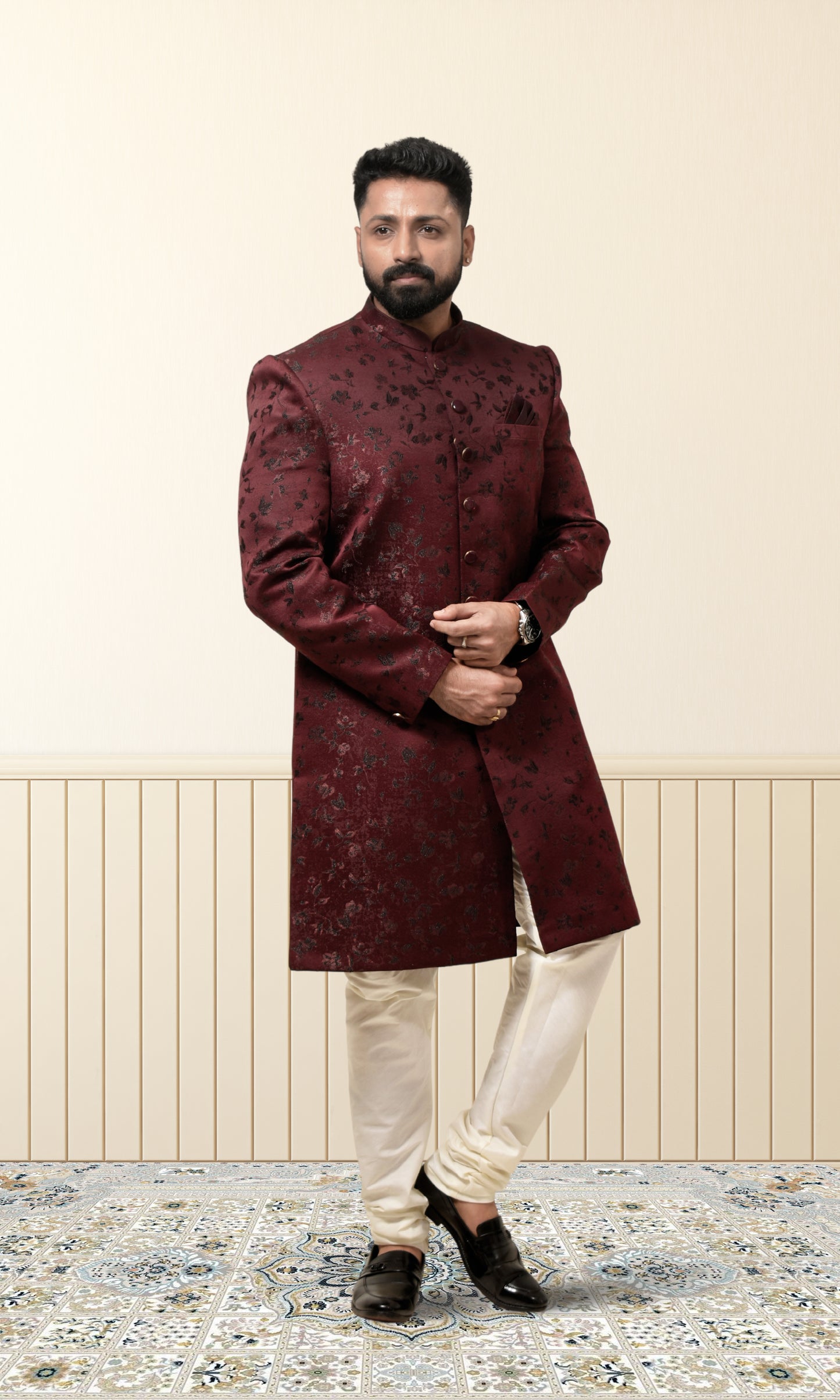 Burgundy Wine Indo-Western with Velvet Floral Embroidery