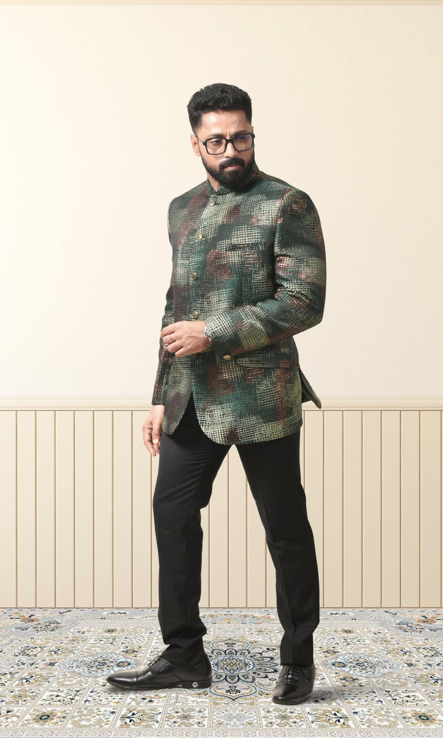 Forest green bandhgala with a Shimmering crosshatch design