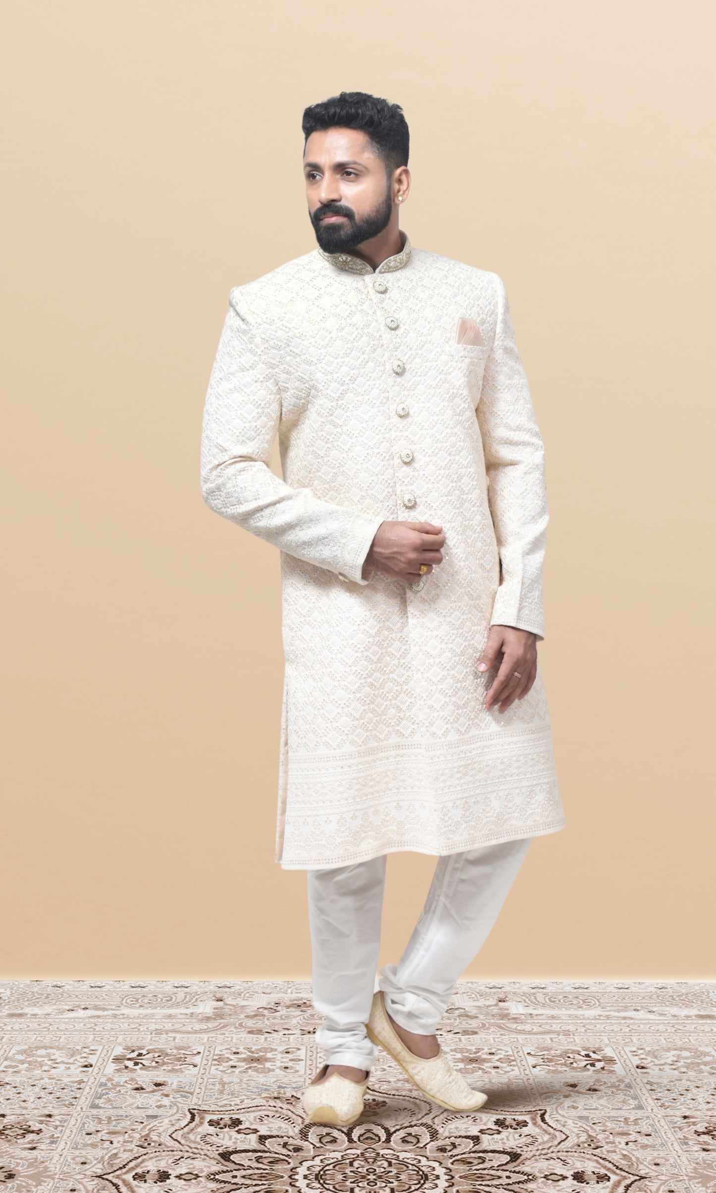 Regal Ivory Georgette Brocade Sherwani with Ornate Zari Weaving & Handcrafted Buttons