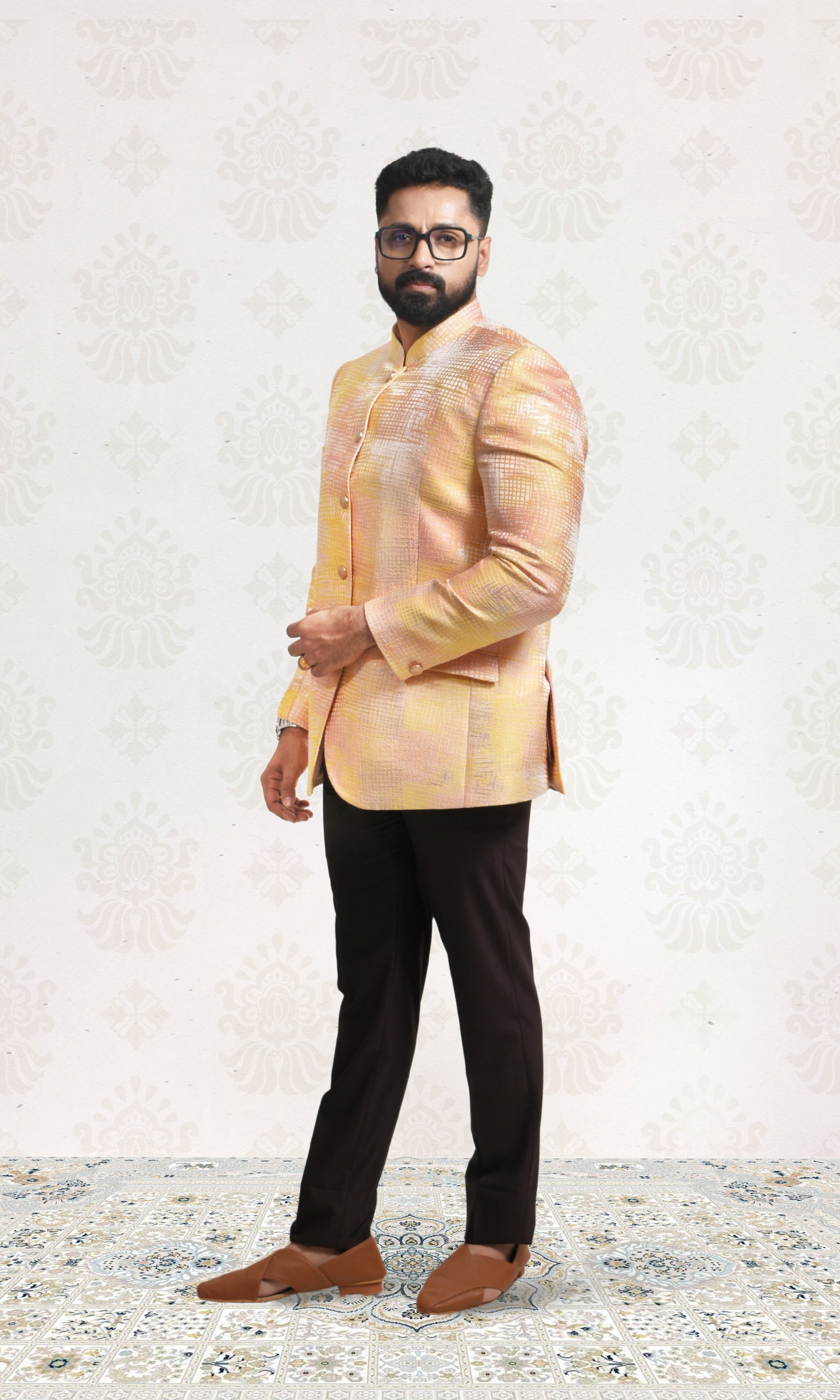 Sunlit Gold Bandhgala with Shimmering Crosshatch Design