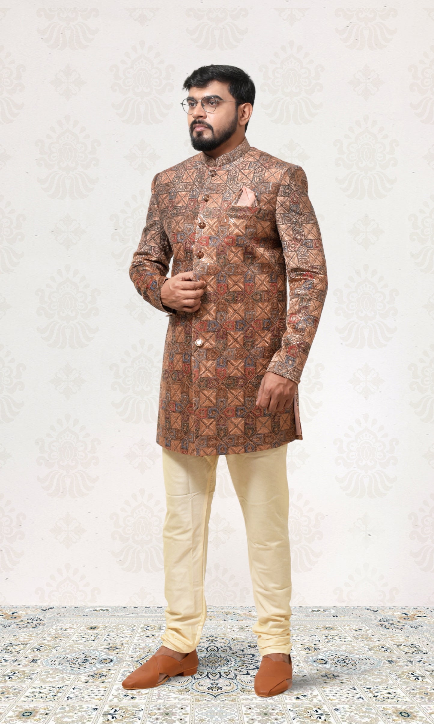 Sandstone Gold Enigma Indo-Western with Geometric Foliage Embroidery