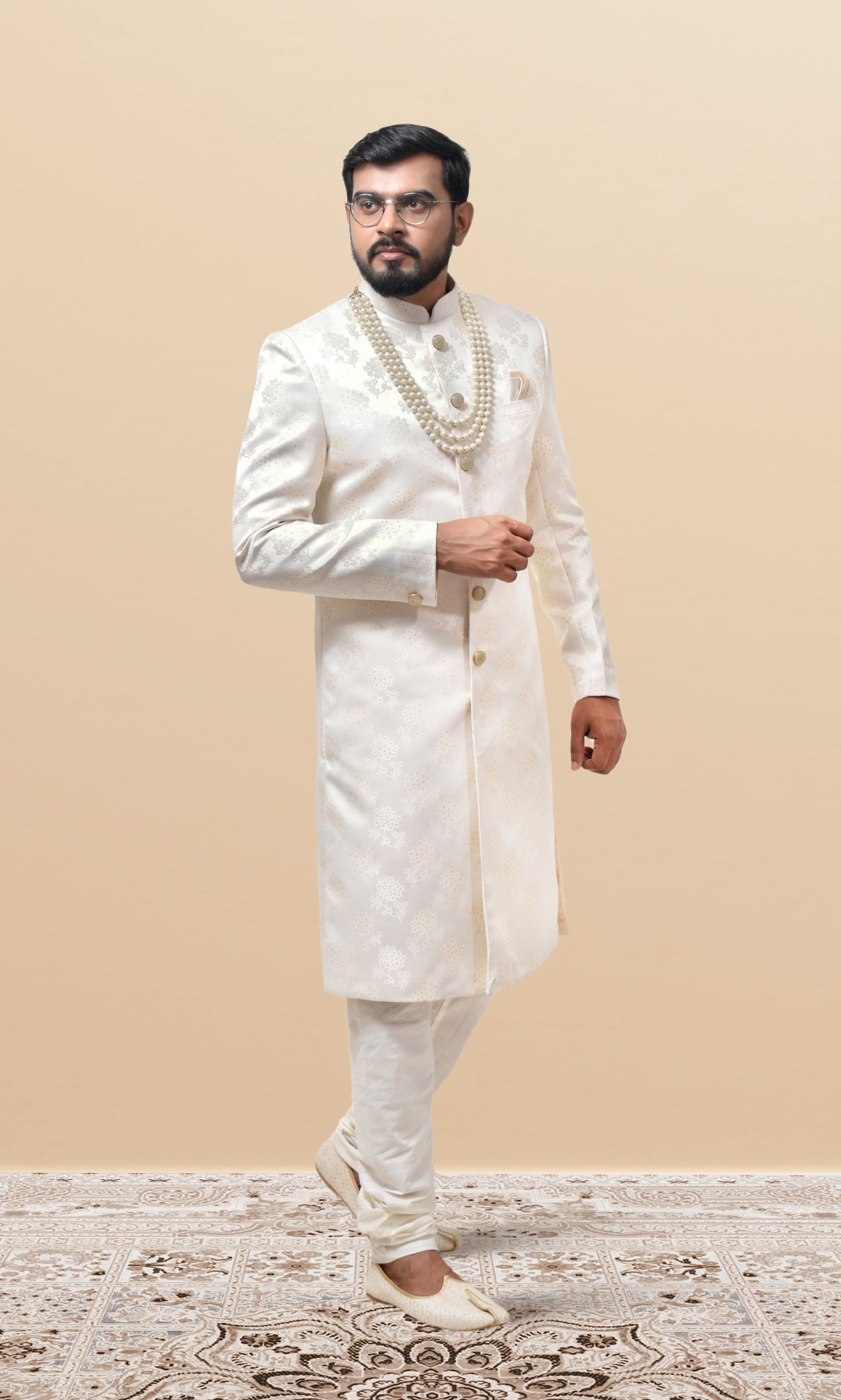 Royal Off-White Jacquard Sherwani with Delicate Floral Motifs