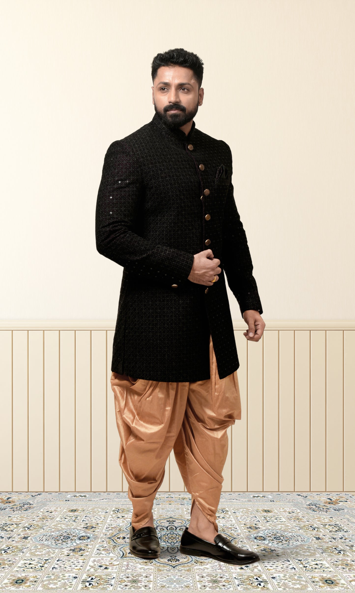 Shahi Mehfil Wine Indo-Western with Quilted Sequin Weave