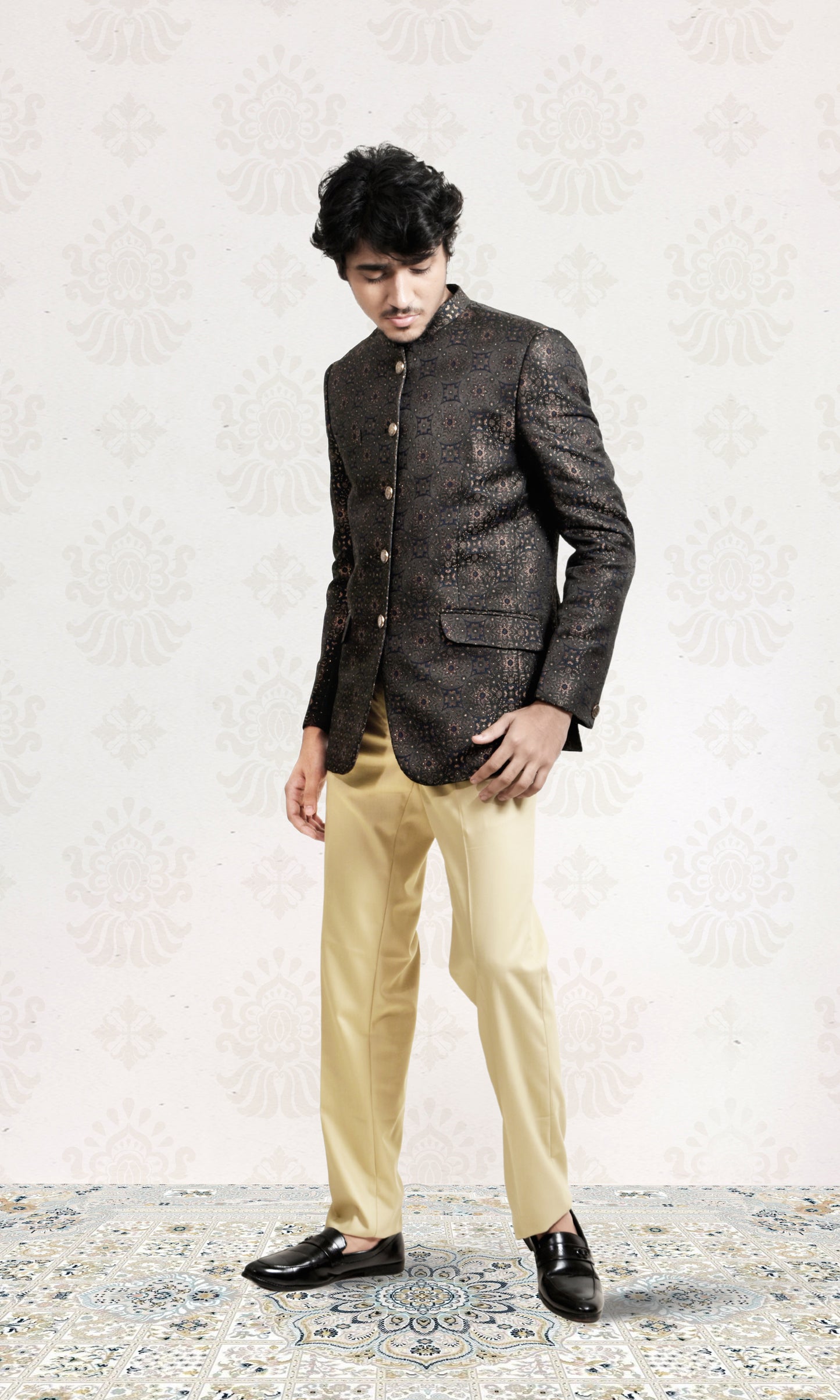 Elegant navy brocade bandhgala with luxurious golden detailing
