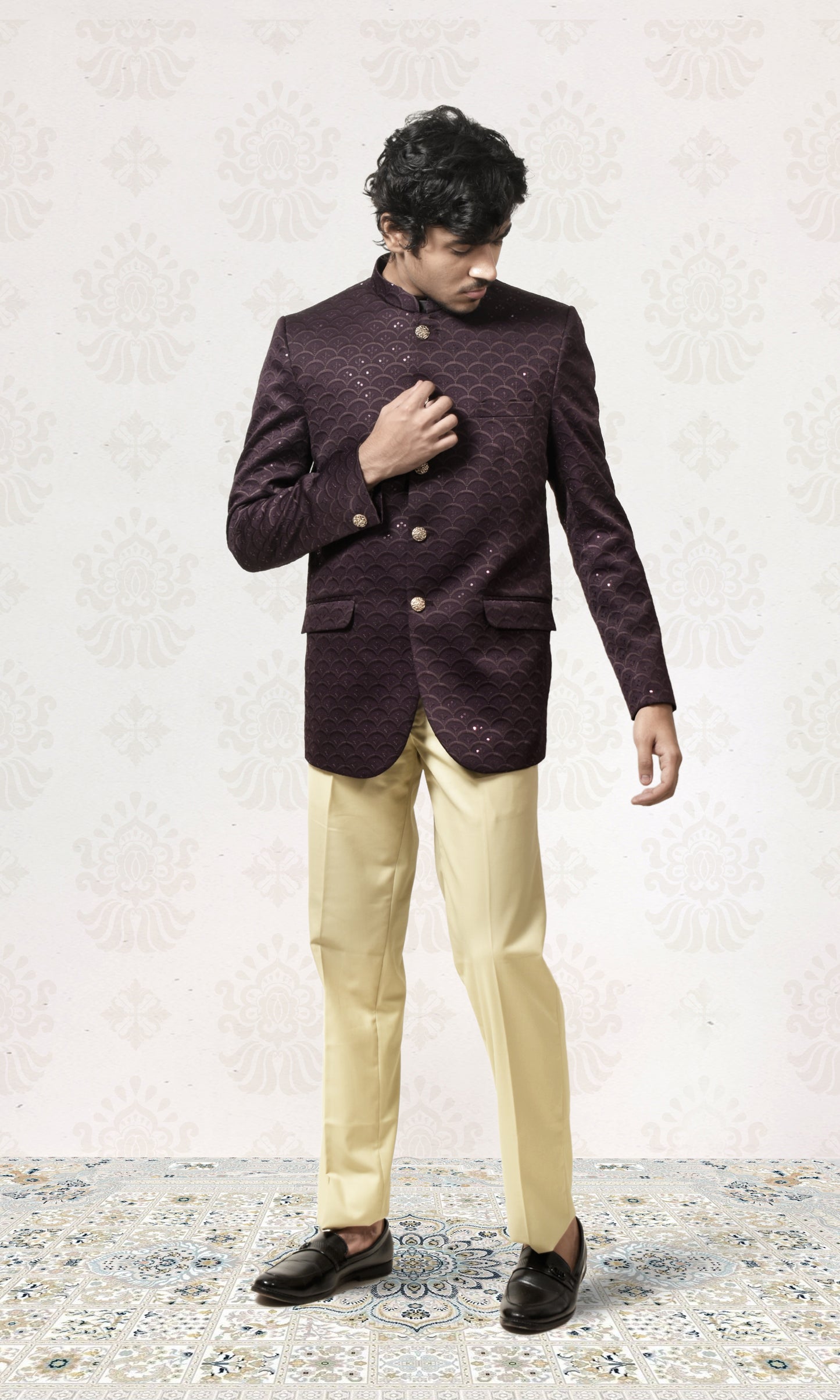 Velvet Grape Mulberry Geometric Bandhgala with a Touch of Sparkle