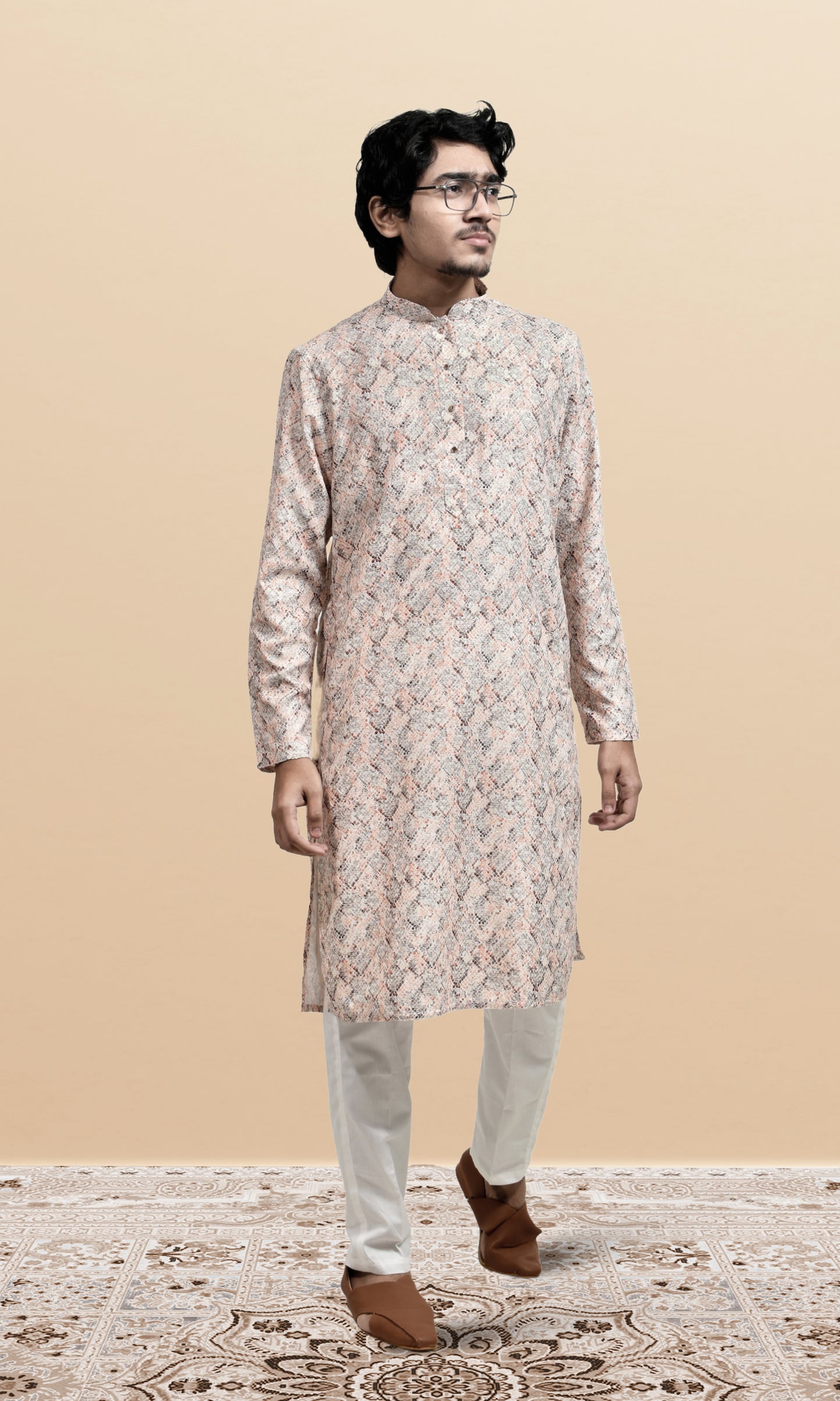 Soft Peach & Grey Pixel Patterned Kurta with Subtle Shimmer