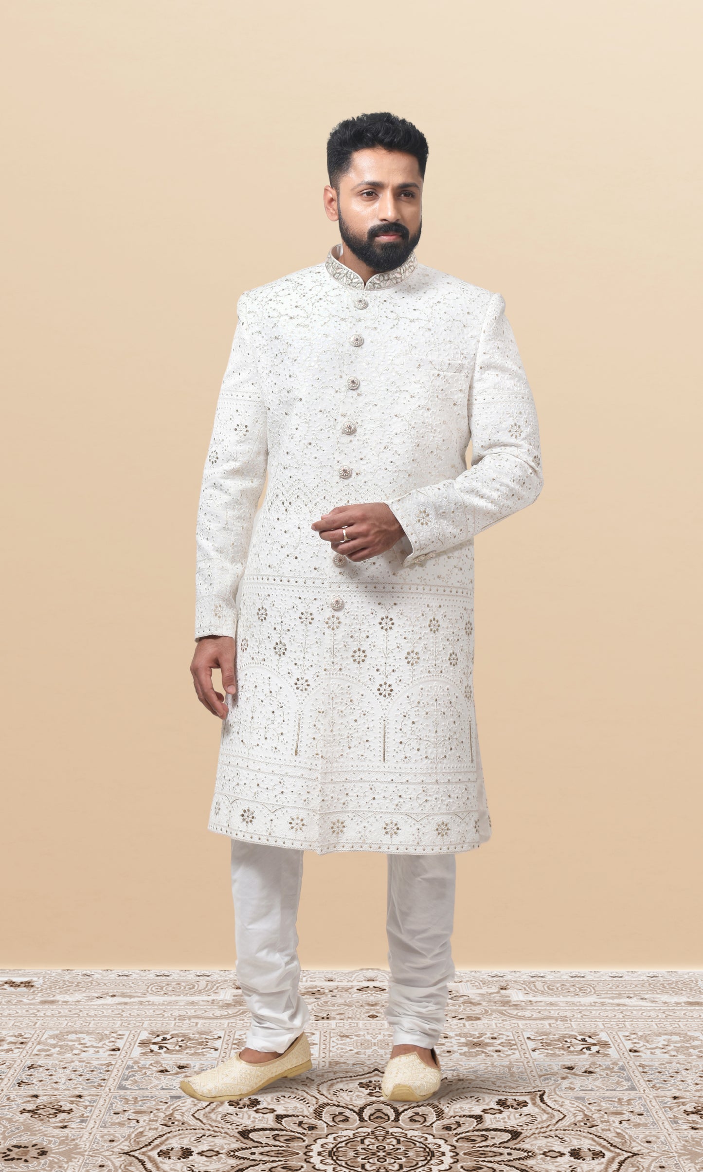 Celestial Ivory Georgette Sherwani with Intricate Thread Filigree