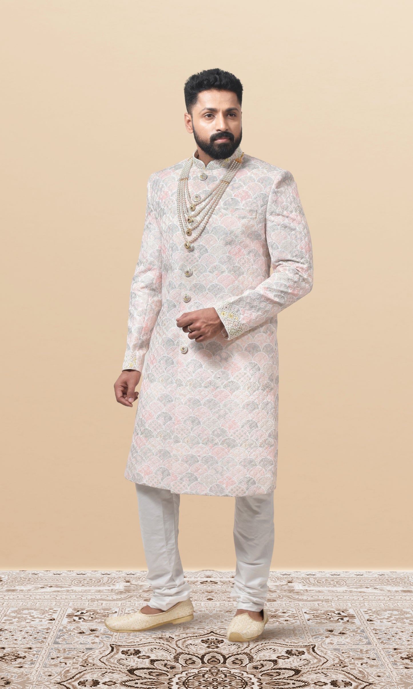 Moonlit Rose Scallop-Embroidered Sherwani with Enchanted Pastel Accents & Ornate Collar