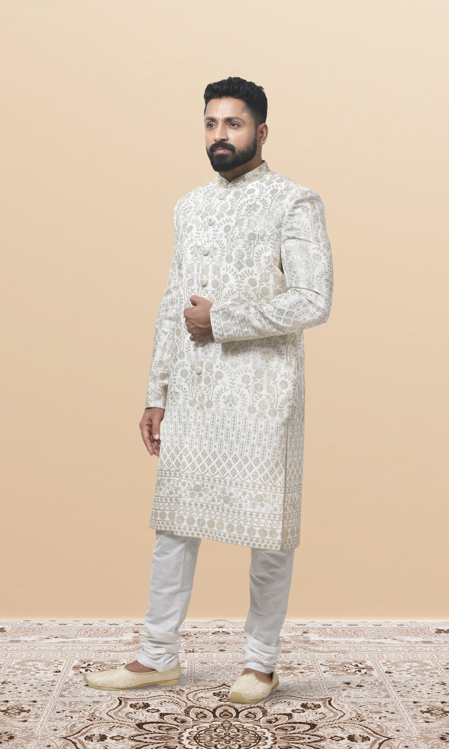 Regal Pearl White Embroidered Sherwani with Heritage-Inspired Floral Motifs