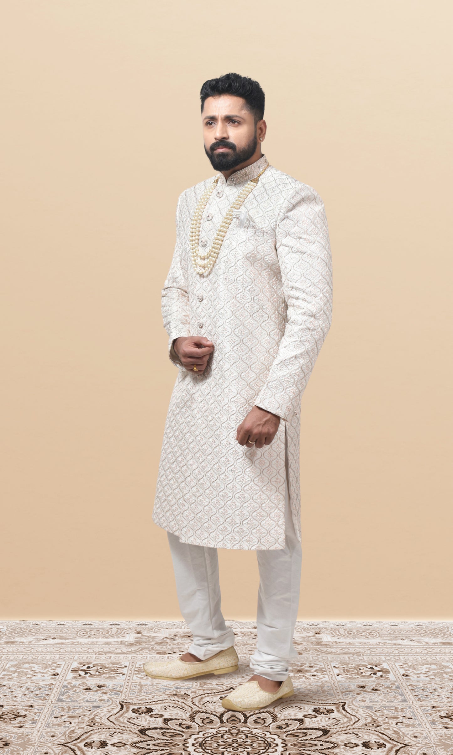Ivory Cascade Sherwani with Ornate Wave Embroidery & Pearl Majesty